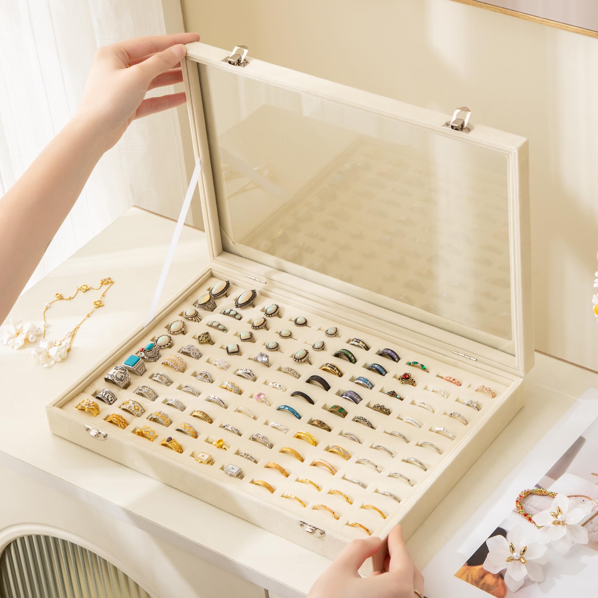 Frebeauty Organizer na pierścionki, 100 przegródek, uchwyt pierścieniowy z przezroczystą pokrywką, aksamitny pierścień, pudełko do przechowywania, taca pierścieniowa
