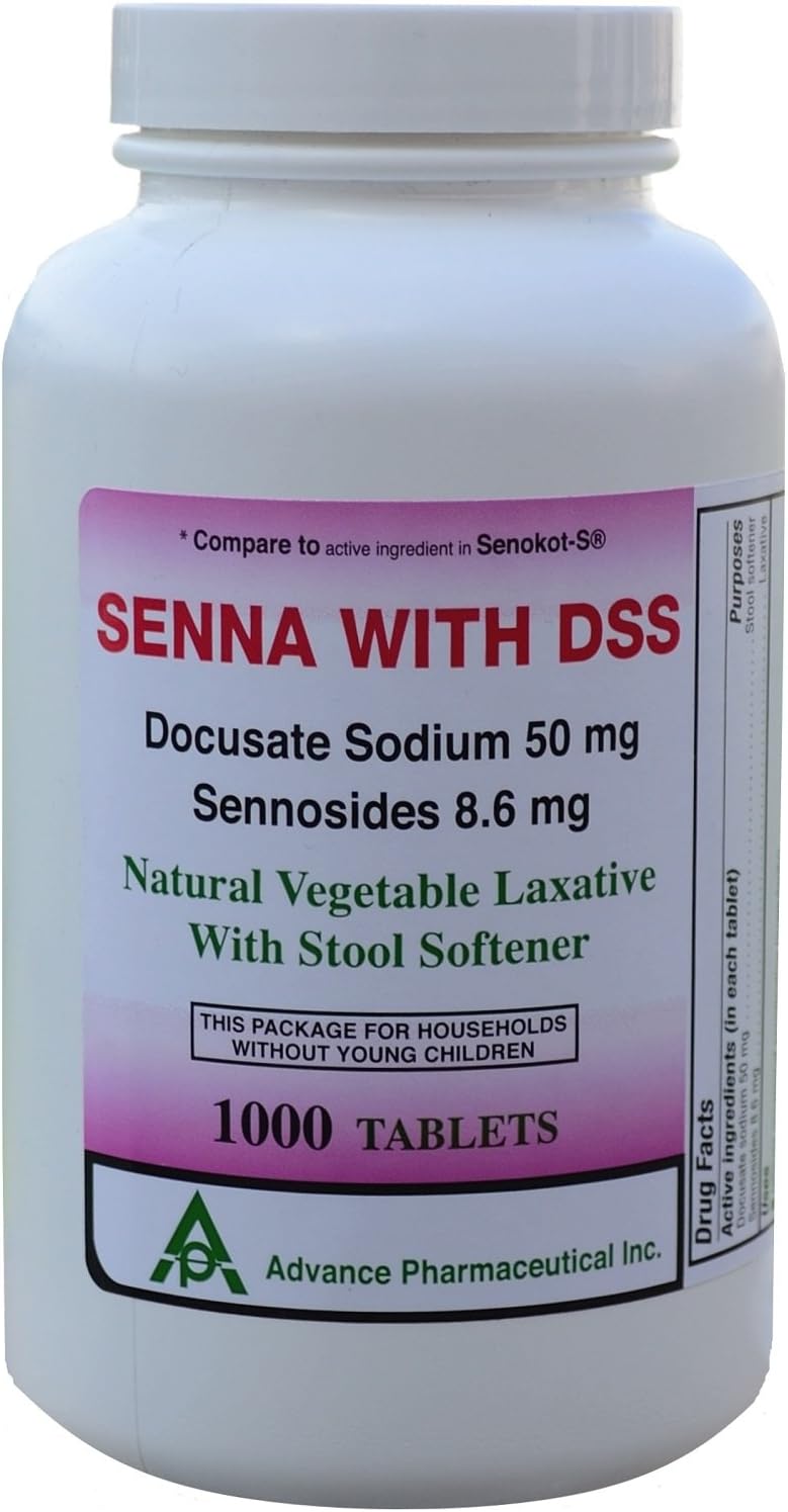 Senna 8.6 Mg & Docusate Sodium 50 mg Generic for Senokot-S Natural Vegetable Laxative Plus Stool Softener 1000 Tablets per Bottle