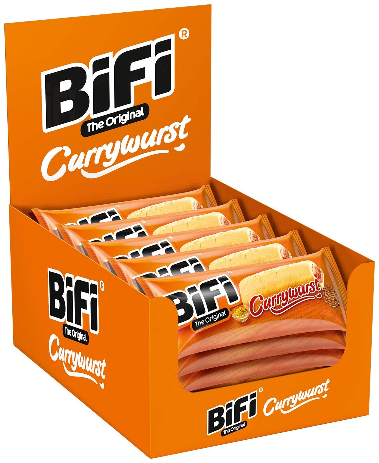 BiFi Currywurst – 20er Pack (20 x 50g) – Salami Wurstsnack mit Currysauce in einem lockeren Teig - Wurst im Weizenbrötchen To Go - für Unterwegs, im Büro oder beim Sport - Schinkenwurst