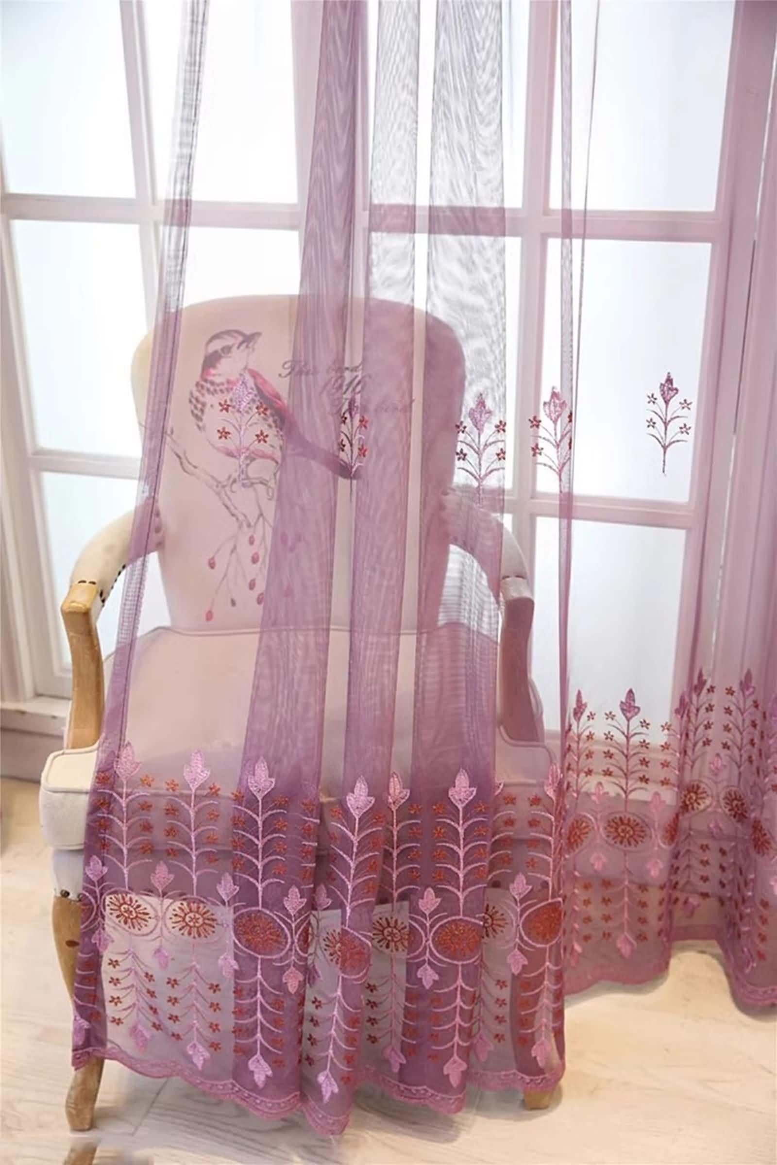 Voile Curtains, Rideau Transparent Violet Foncé Motif de Broderie en Dentelle Polyester Lot de 2 107W x 183L cm