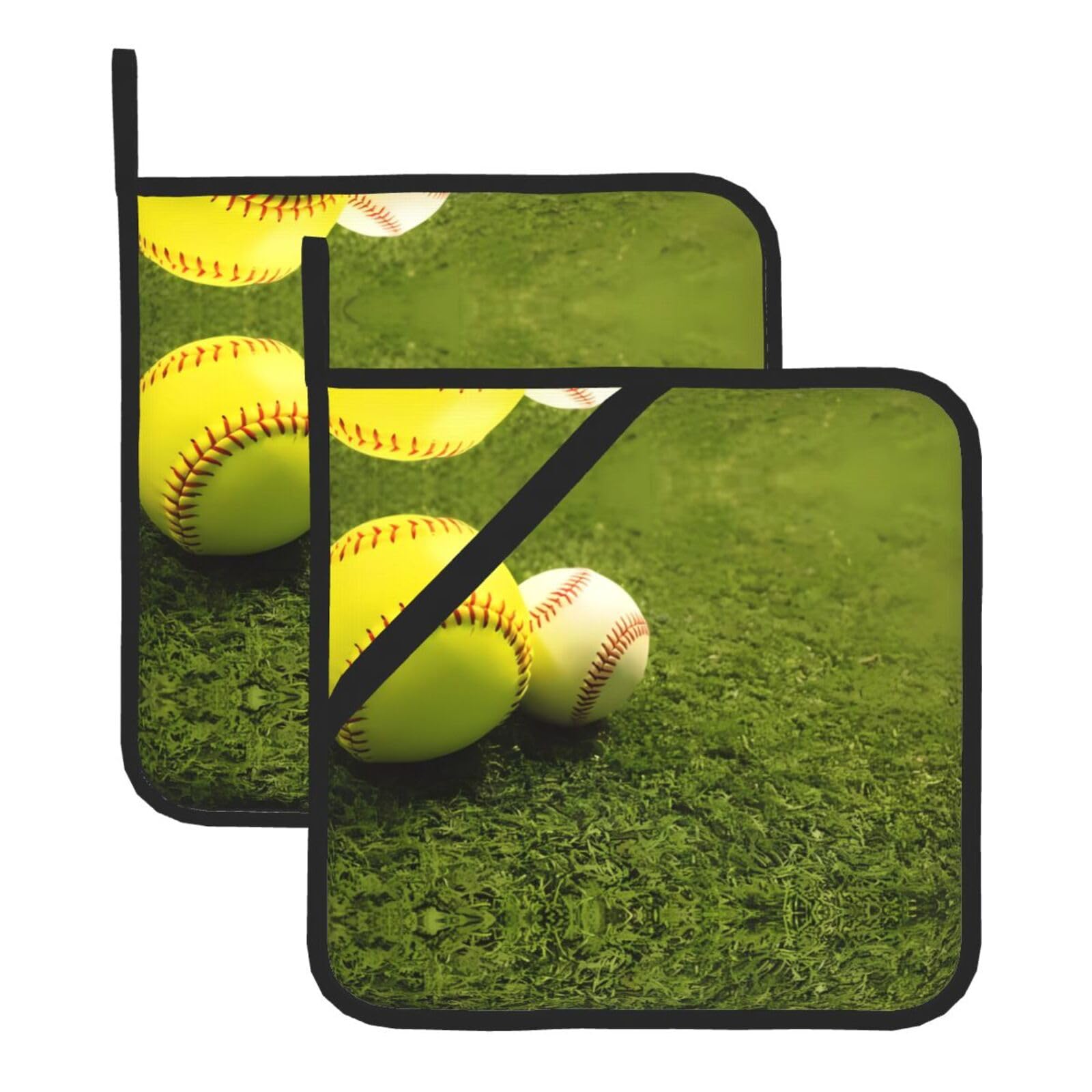 HJFCZH Grass Baseball Softball Prints Square Hot Pads for Kitchen Counter - Waterproof Pot Holders, Durable Heat Resistant Throw Layers for Serving, Oven & BBQ - 2 Pack