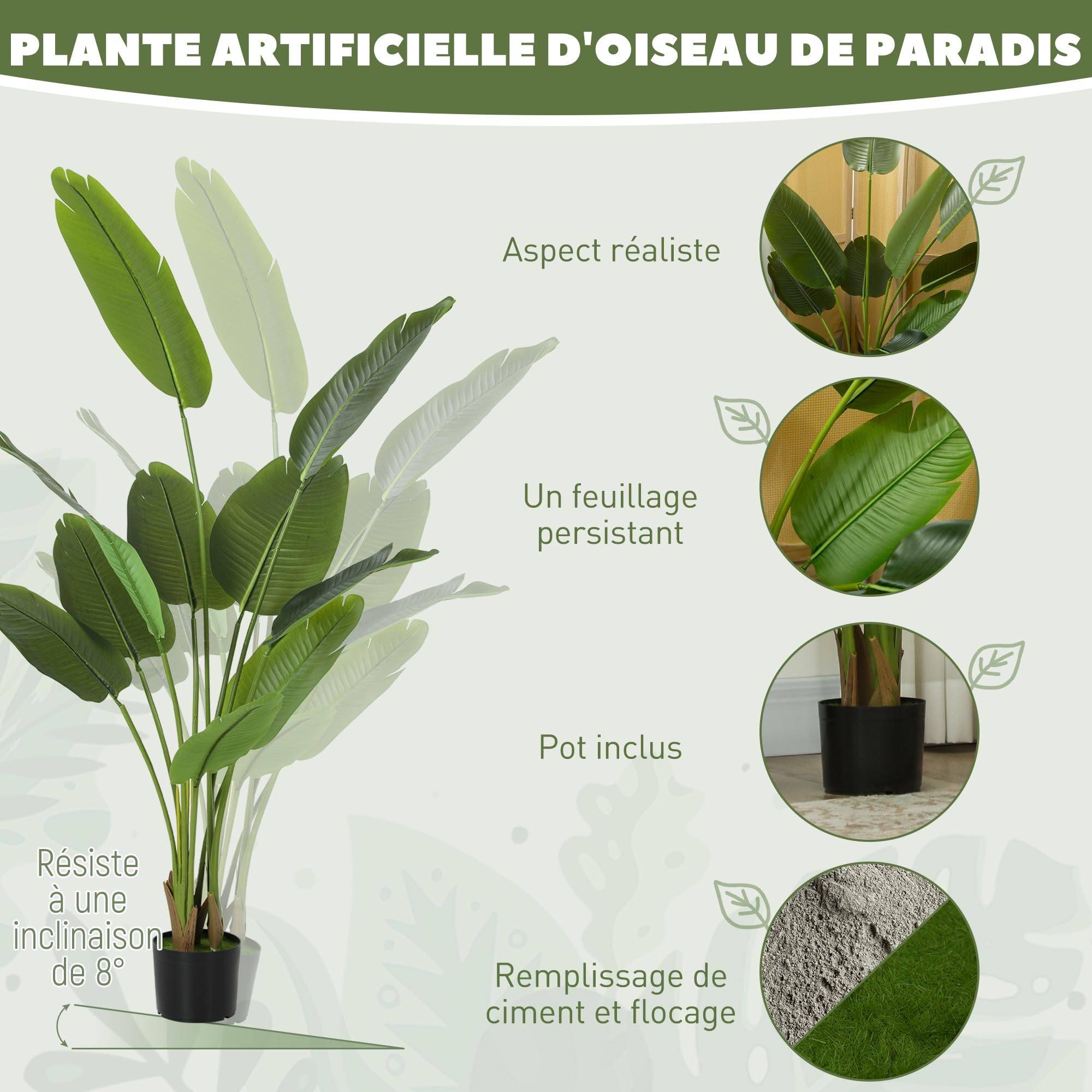 HOMCOM Planta Artificial Decorativa 160 cm Planta Artificial Ave del Paraíso con Maceta y Hojas Árbol Plástico de Interior y Exterior Decoración para Hogar Oficina Casa Balcón Dormitorio Verde