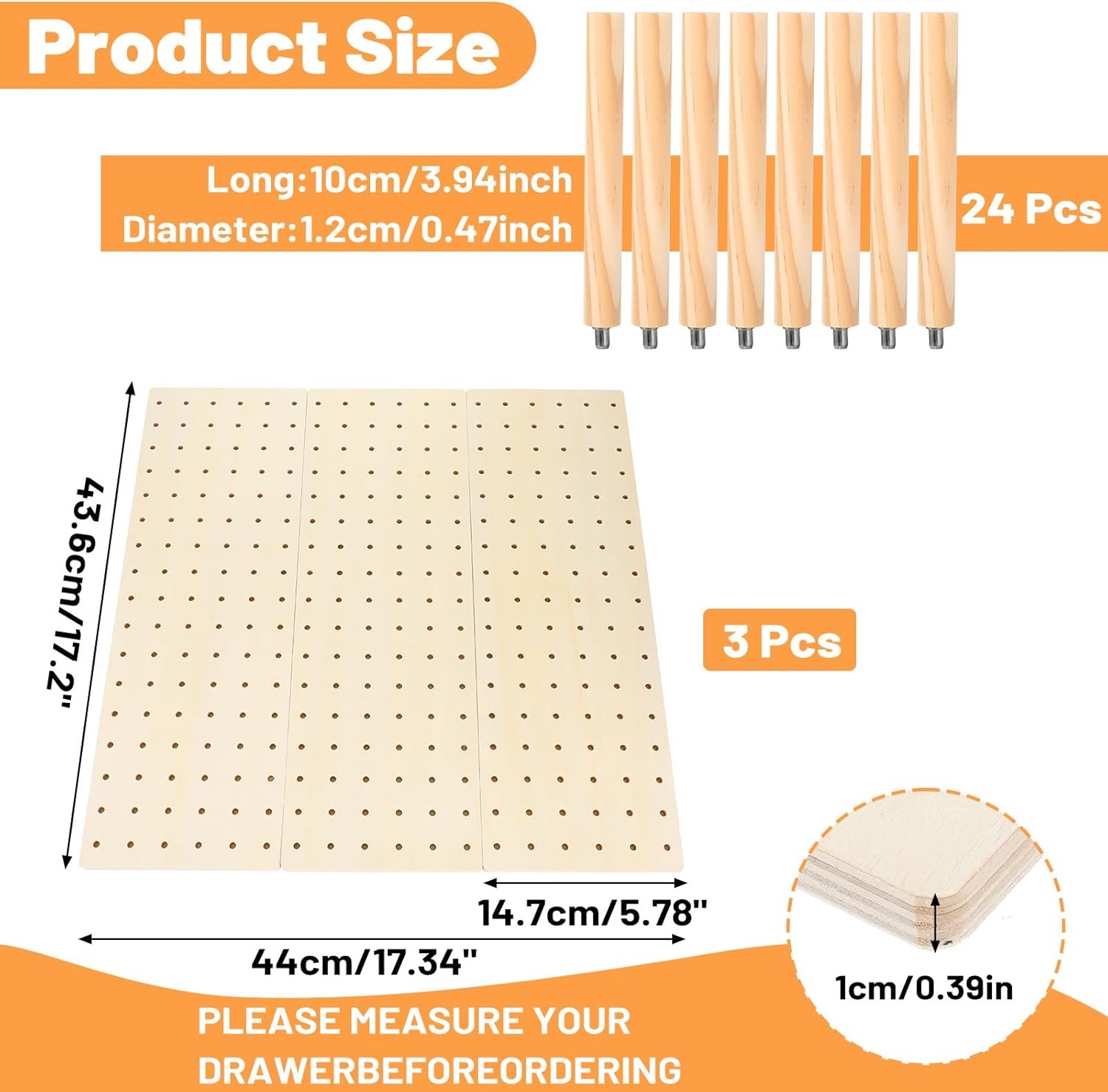 3-Pack Wood Pegboard Drawer Organizer with 24 Adjustable Pegs – Customizable Kitchen Drawer Plate & Utensil Organizer, Natural Wood