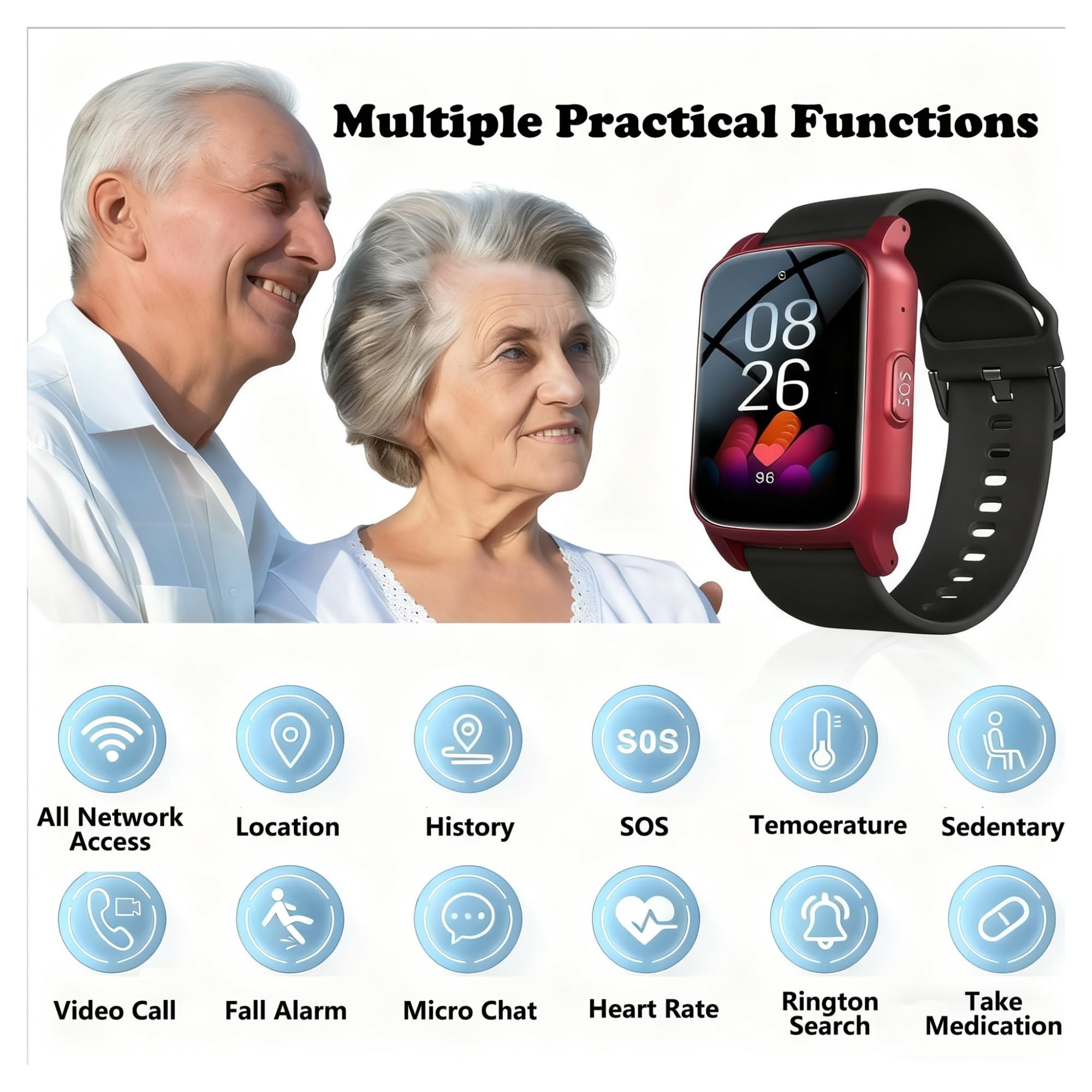 Montre Connectée Antichute for Seniors, GPS Et Alerte Sos, Appels Vidéo HD 4G, Moniteur D'activité Étanche, Montre de Sécurité for Personnes Âgées Atteintes de Démence/Alzheimer(Red)
