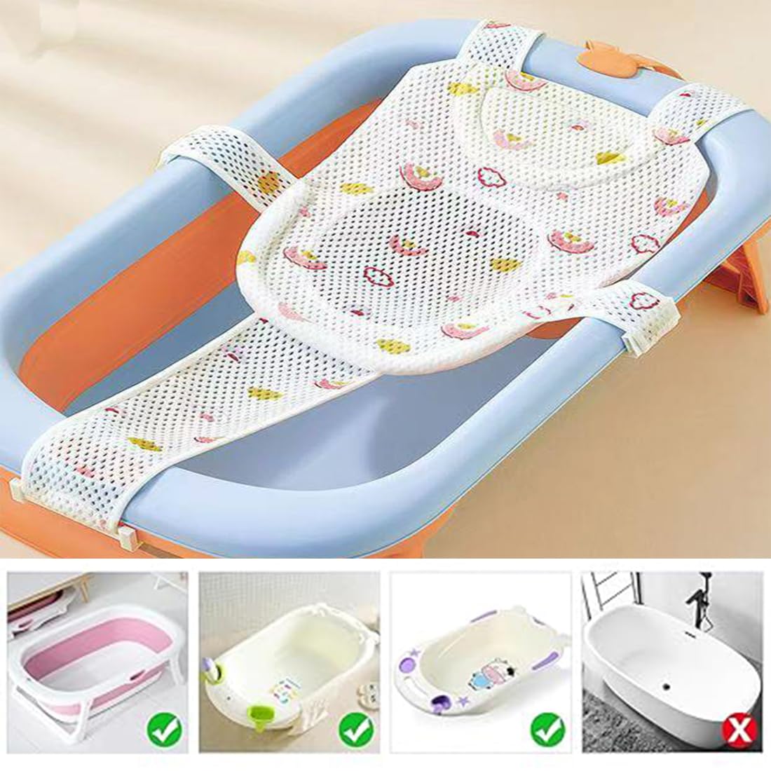 Coussin de Bain pour Bébé, Réducteur de Baignoire pour Nouveau-Né, Hamac de Bain avec 5 Sangles de Sécurité, Anti-Glissant, Filet Respirant et Confortable, Facile à Installer