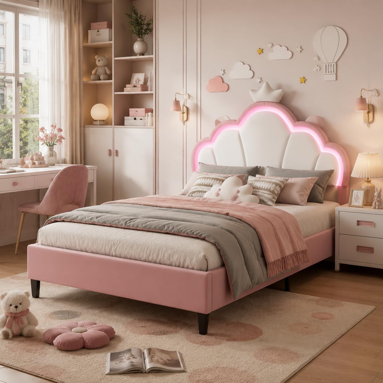 Letto imbottito 140x190 cm per ragazze, struttura letto per bambini con testata regolabile Crown e rete a doghe, letto da principessa, letto matrimoniale per bambini e adolescenti, senza