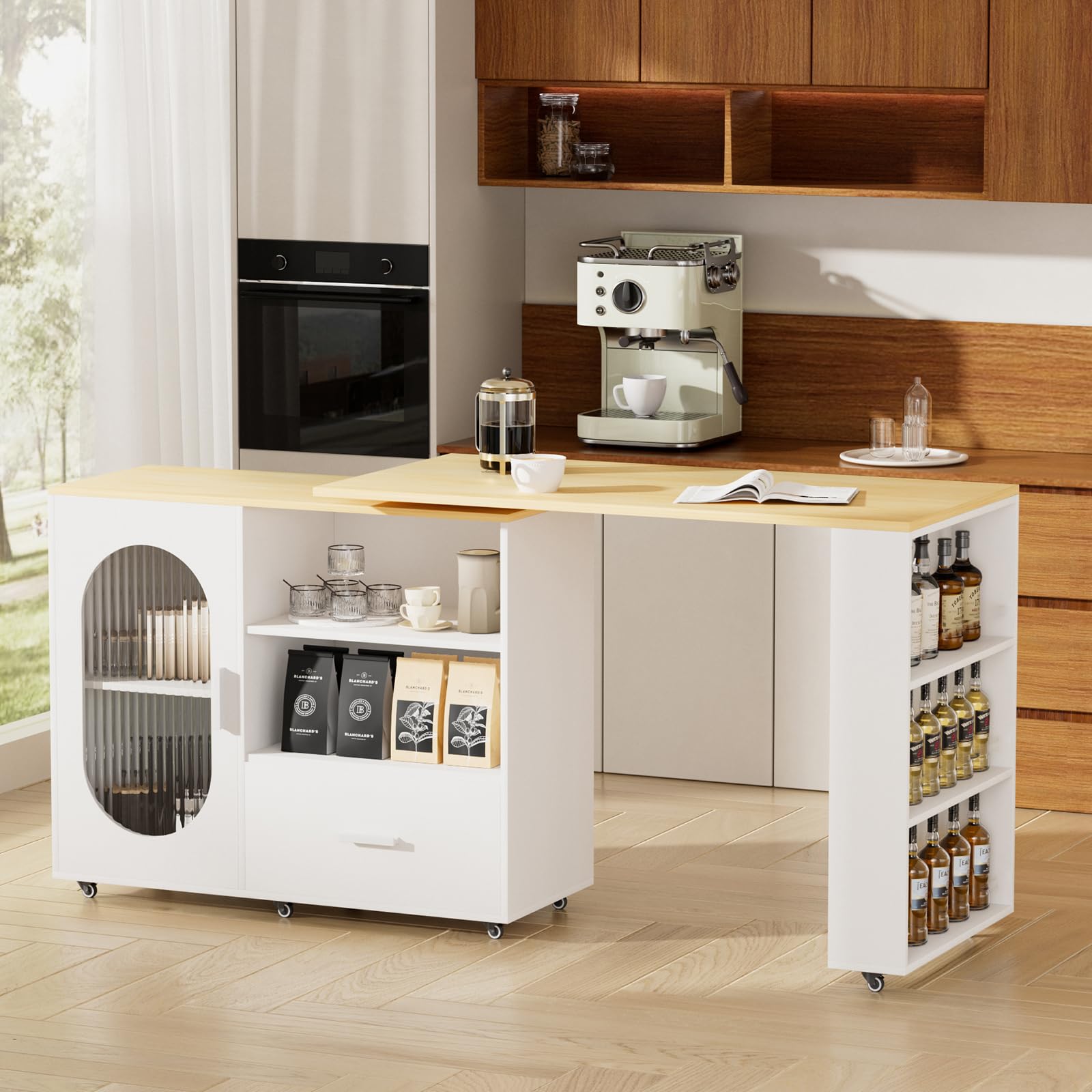 Isla de cocina giratoria 360° con espacio de almacenamiento, carrito de cocina móvil, mesa de bar extensible, encimera de acero inoxidable, barra de desayuno con armarios y cajones para cocina comedor