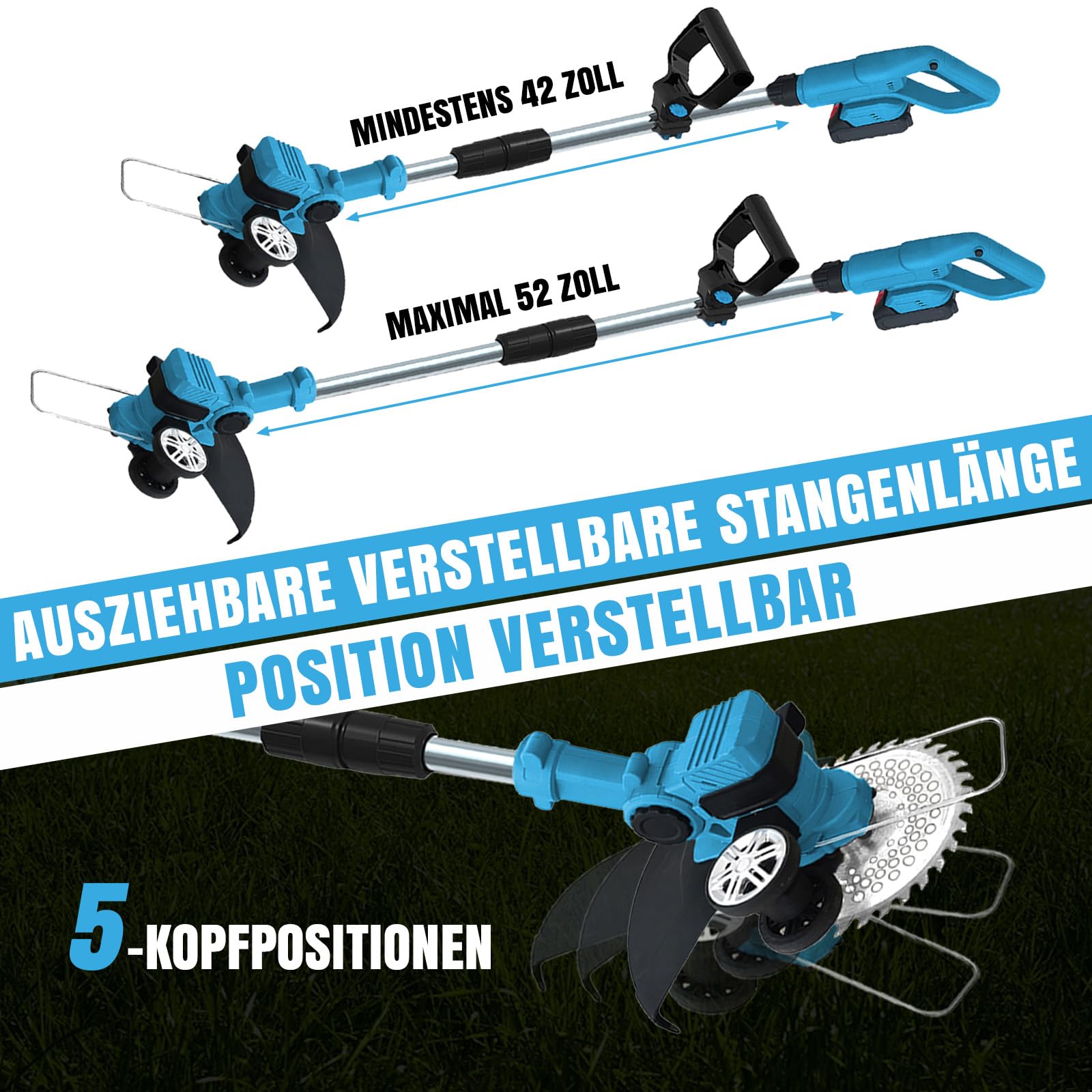 Akku Rasentrimmer für Makita Akkus, 4 in 1 Elektrischer Freischneider, mit 2 X 21V Makita Akkus & 4 Klingentypen, Rasenkantenschneider mit Verstellbarer Griff und Winkel des,für Garten und Rasen