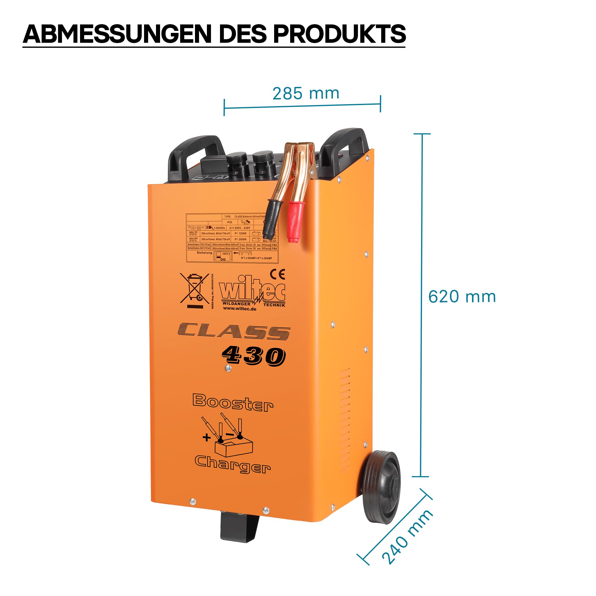 Wiltec Batterieladegerät 12V 24V 30A Batterie, Ladegerät und Starthilfe für Motorräder, Kfz, LKW, Akkuladegerät Boost 430 mit Schnellladung
