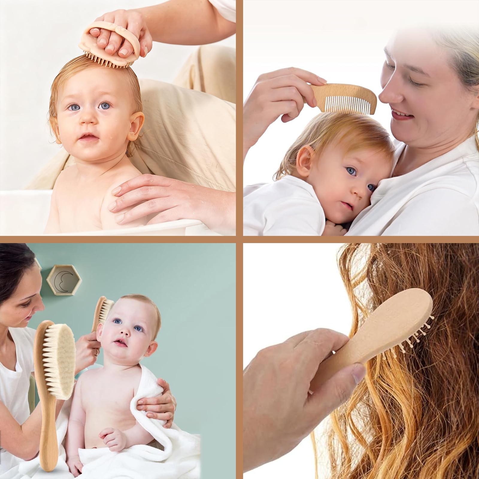 Set di 4 Spazzole e Pettini per Neonato in Legno Naturale, Spazzola Capelli Neonato con Setole