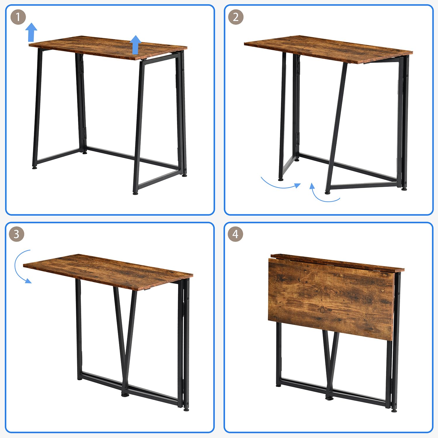 MEUBLE Cosy Escritorio Plegable con Ruedas Mesa de Ordenador para Ahorrar Espacio Oficina Hogar Estudio, Estructura de Acero, Industrial, Montaje Sencillo, Marrón