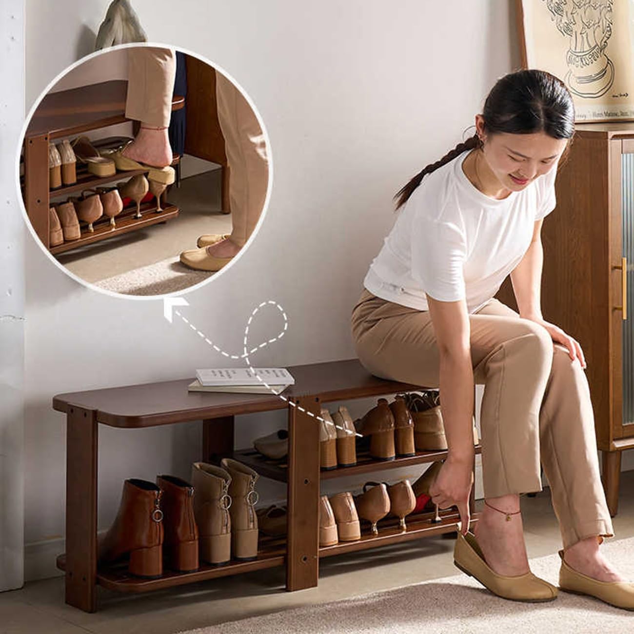 Banc porte-chaussures de style campagnard avec étagère, banc d'entrée avec rangement pour chaussures, pouf de rangement pour entrée, pour couloir, porte d'entrée, salon, chambre (82 * 32 * 33 cm / 3