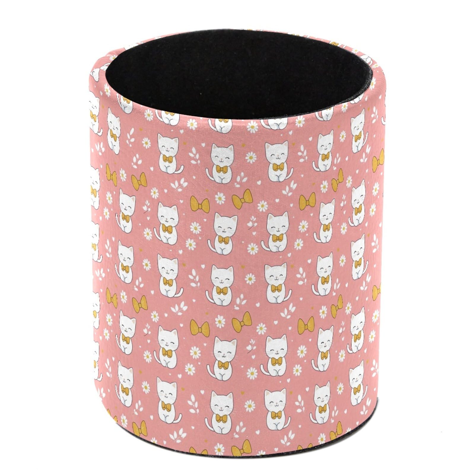 HEOEH Bow Cats Daisy Pen Holder for Desk, PU Leather Pencil Holder Pen Cup Marker Holder Makeup Brush Holders, Desk Accessories & Workspace Organizers for Home, Office