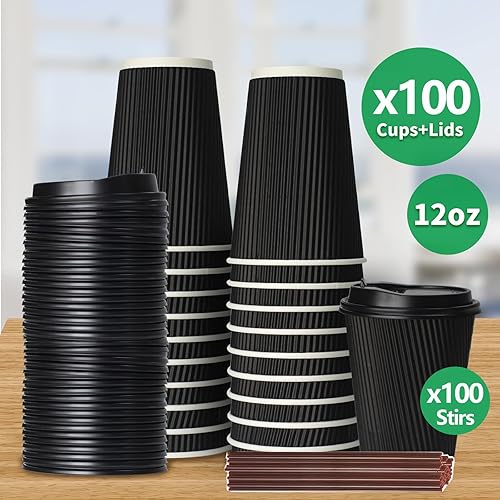 Miniatura 2 de Tazas de café de papel desechables de 16 onzas con tapas, 100 unidades, tazas desechables aisladas con funda de doble pared, perfectas para bebidas
