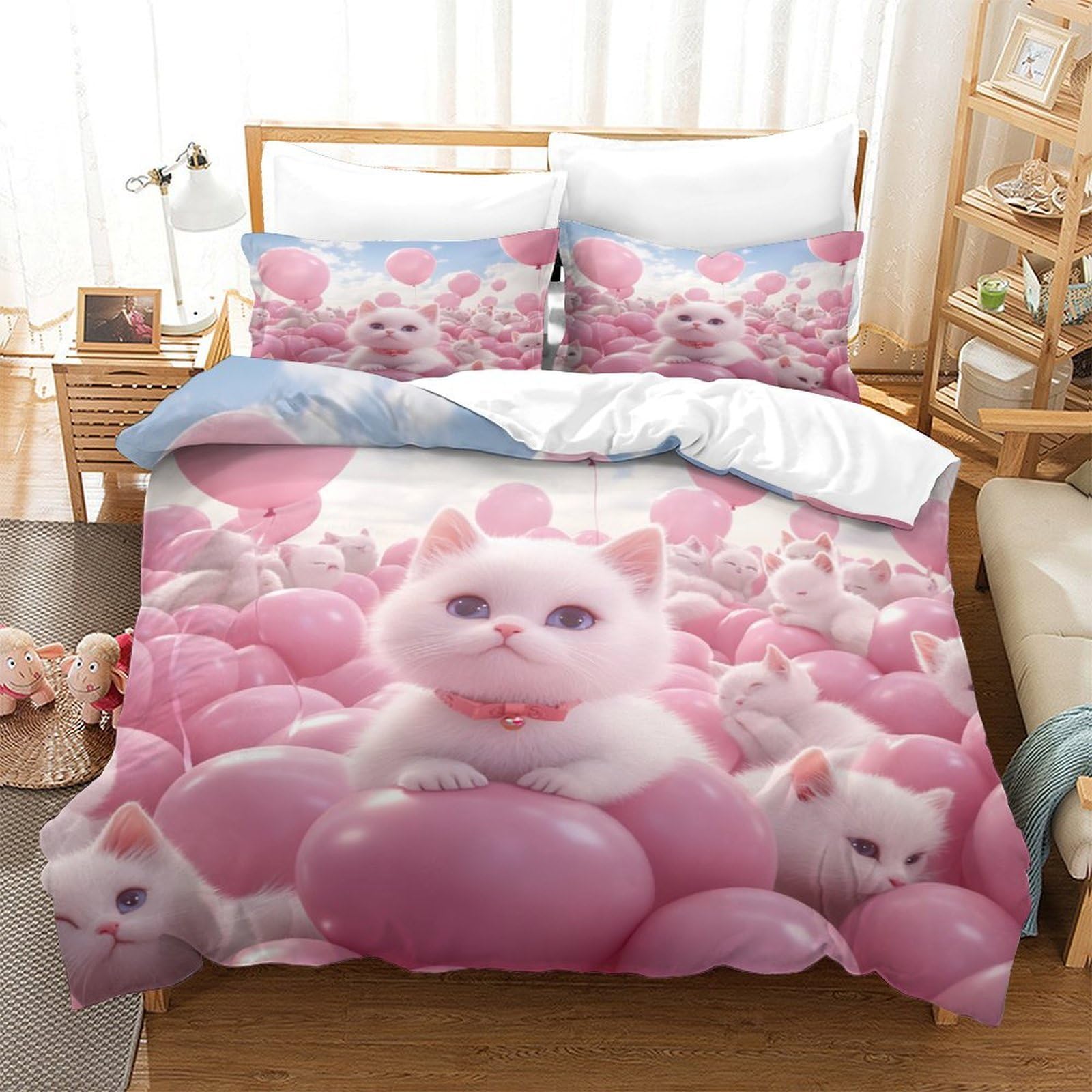 gattino carino Impressione 3D 3 pz cover piumone fantasia di palloncini rosa fodera per edredone microfibra morbida antiacari per bambini ragazzi donne King（220x240cm）