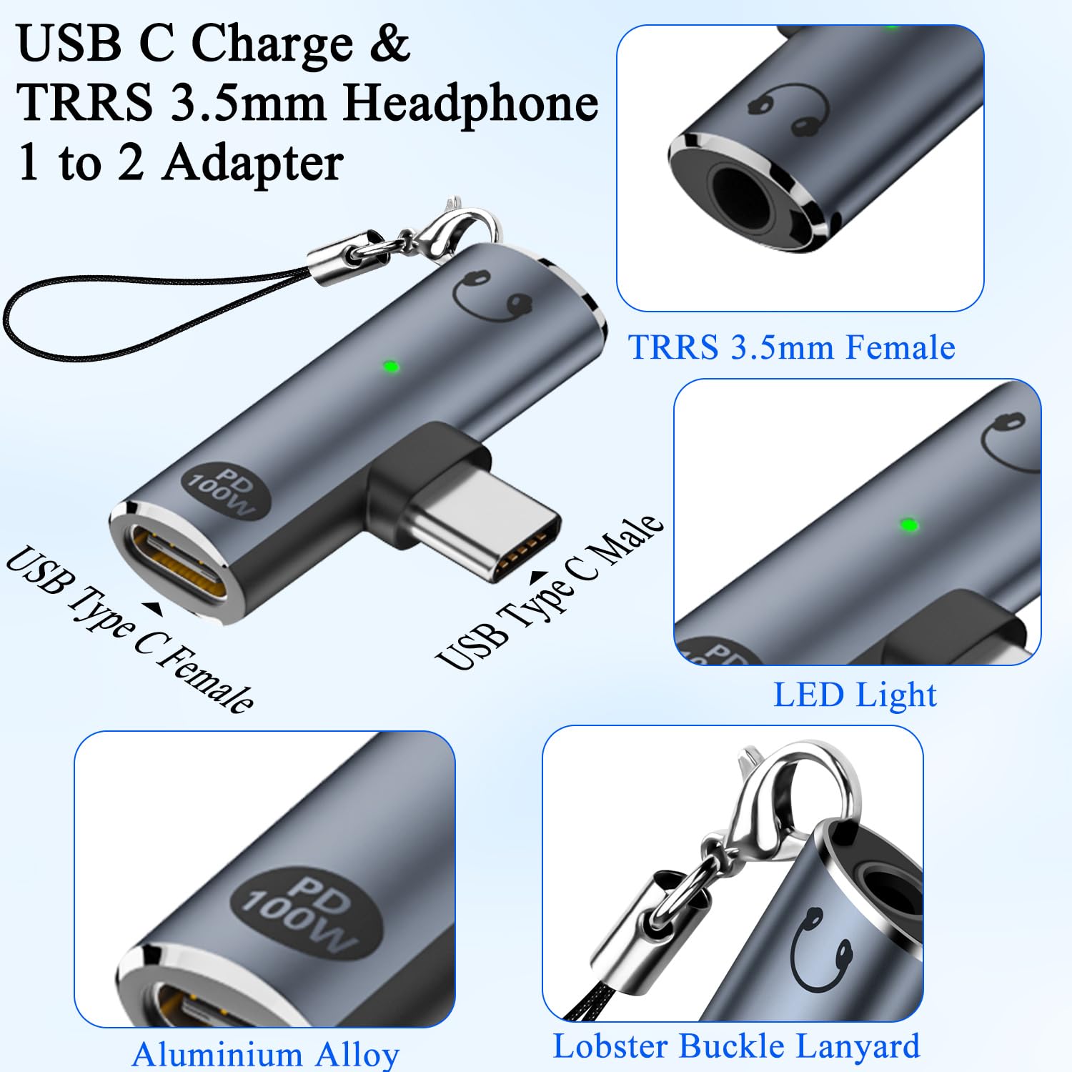 QIANRENON PD100W USB C Charging Headphone 2 in 1 Adapter USB Type C Male to Type C Female & TRRS 3.5mm Female Connector USB C Phone Fast Charge 3.5mm Headset Converter,with LED Light,Hanging Hole