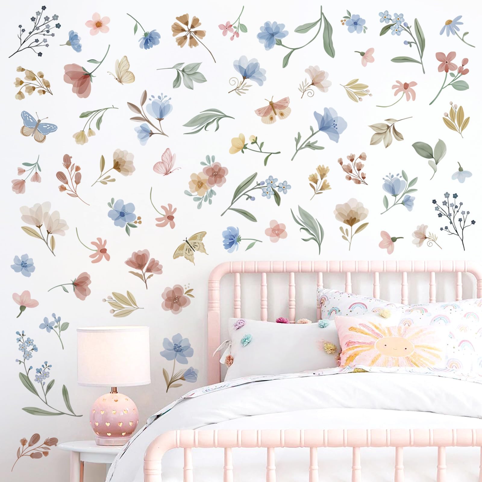 wondever Boho Watercolor Flower Wall Stickers Blue Floral Leaves Butterfly Peel and Stick Wall Art Decals for Baby Nursery Girls Bedroom TV Wall - Image 3