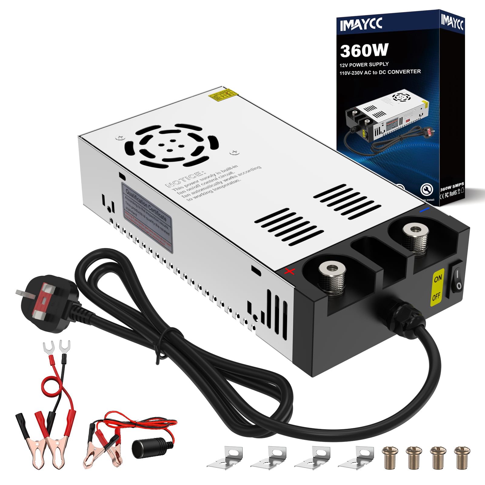 IMAYCC New Version 12V DC Power Supply, 110V to 12V DC Converter 30A 360W Adjustable Switching, Power Supply for LED Strip Light, Radio, 3D Printer, Computer Project