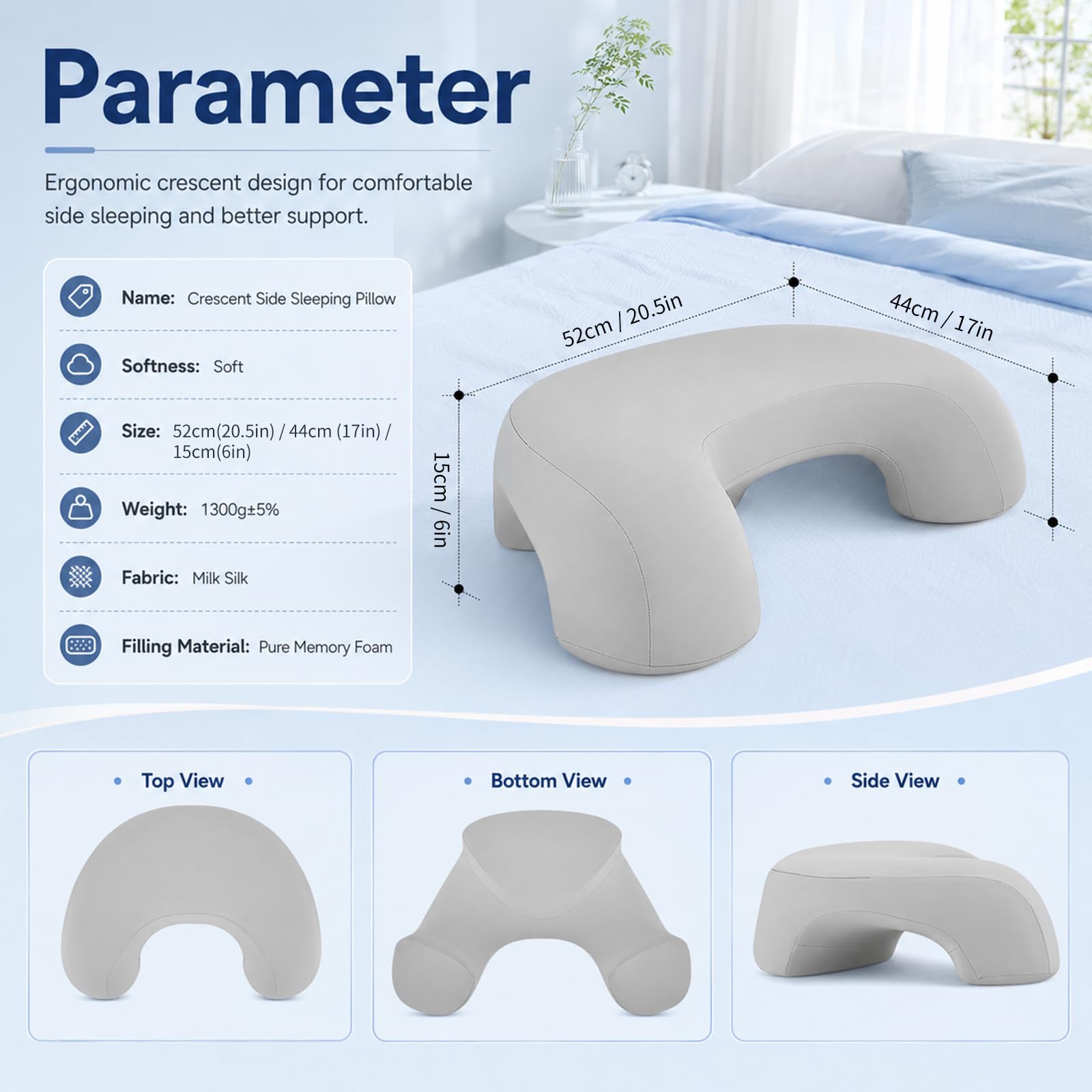Seitenschläferkissen mit Armloch, Seidigem Kühlbezug Ergonomisches Nackenkissen aus Memory-Schaum, Nackenkissen mit Armloch, C-Form für Seitenschläfer, Rücken und Bauchschläfer
