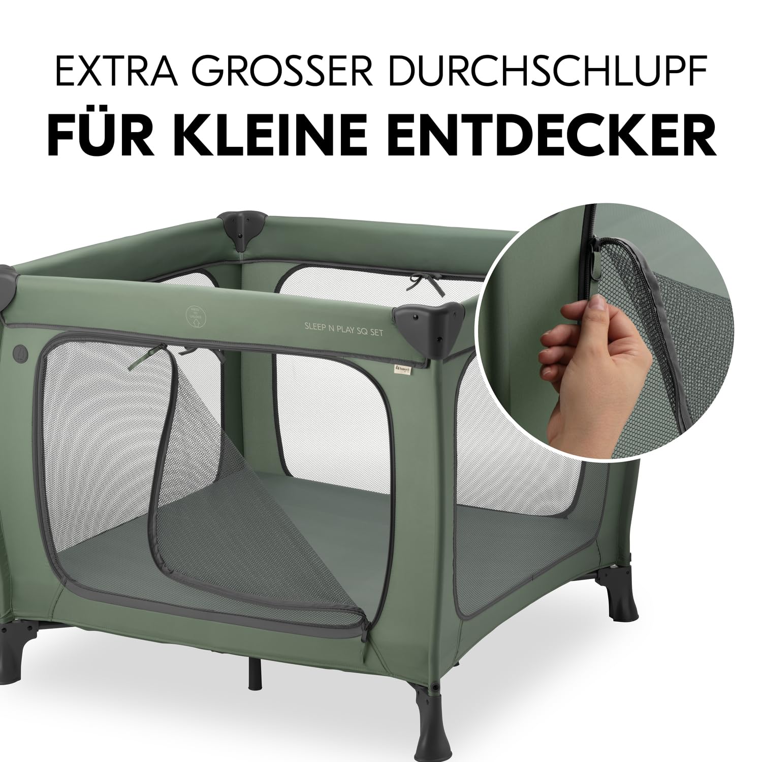 Hauck Quadratischer Reise Laufstall mit Matratze Sleep N Play SQ Dark Green | Klein zusammenklappbar mit Tragetasche & XL Spielöffnung ab Geburt bis 15 kg / 3 jahre, 2in1 Laufgitter & Reisebett