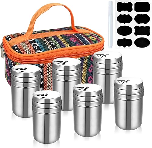 EZYoutdoor Juego de 6 cocteleras de especias de acero inoxidable, kit de especias para campamento con bolsa de viaje, salero y pimentero, para sal,