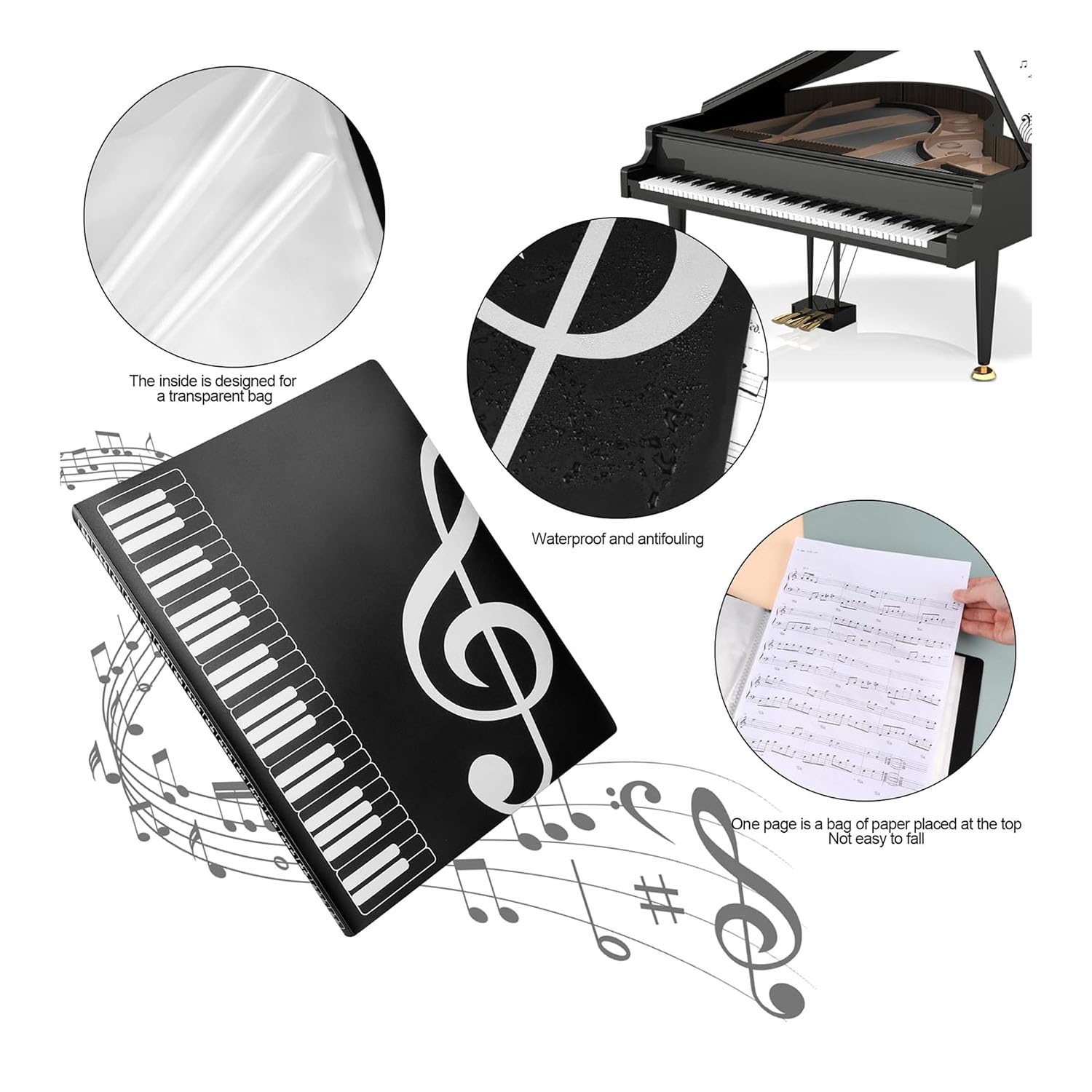 Music File Folder Document Wallets A4 Size 40 Pages Sheet Music Folder Music Themed Plastic Storage Documents Holder Bag - Image 3