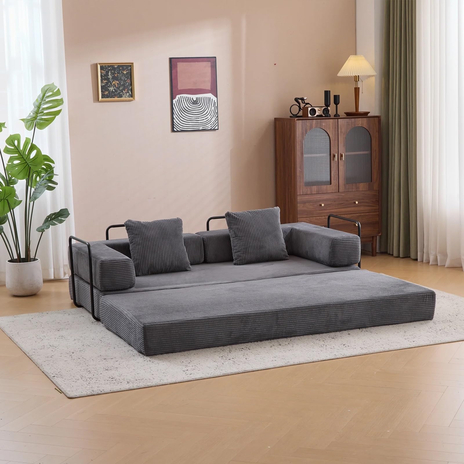 Sofa rozkładana z podłokietnikiem i poduszką, sztruksowa kanapa podłogowa do salonu