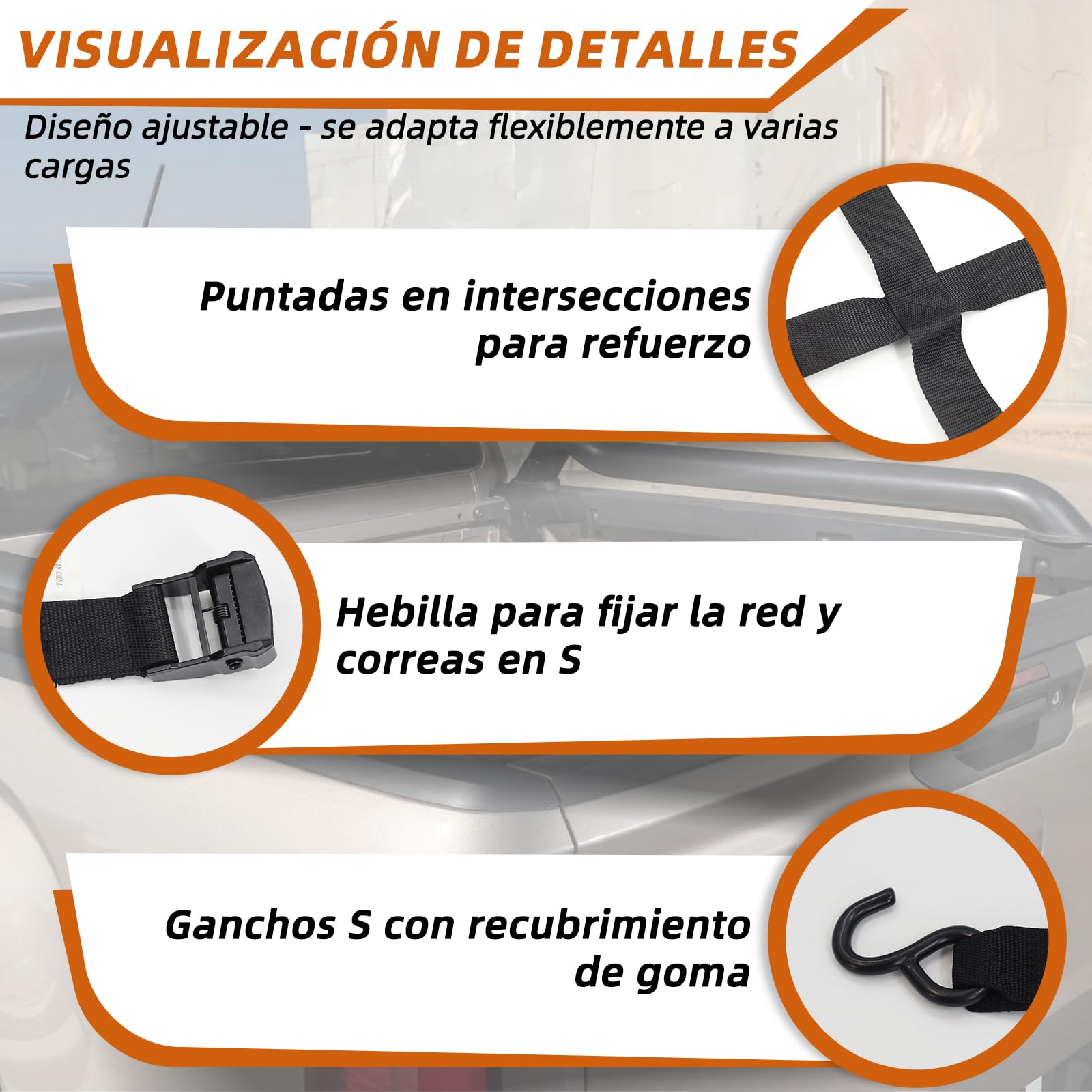 Red de seguridad para espacio de carga, 208 x 127 cm, red de equipaje ajustable para zona de carga y maletero, incluye 4 ganchos y correas ajustables de sujeción, compatible con paneles Van
