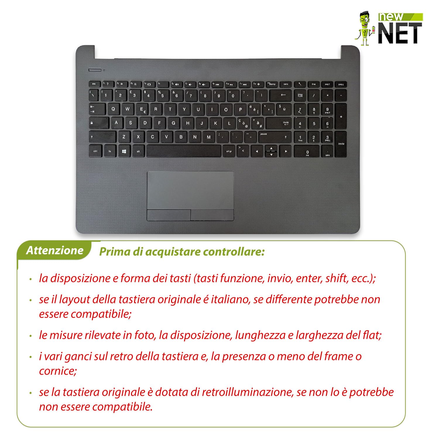 new net - Top Case Palmrest con Tastiera Compatibile con Notebook HP 15-BS, 15-BW, 250 G6, 255 G6 [Colore Dark Ash Silver - con touchpad - Layout ITA]