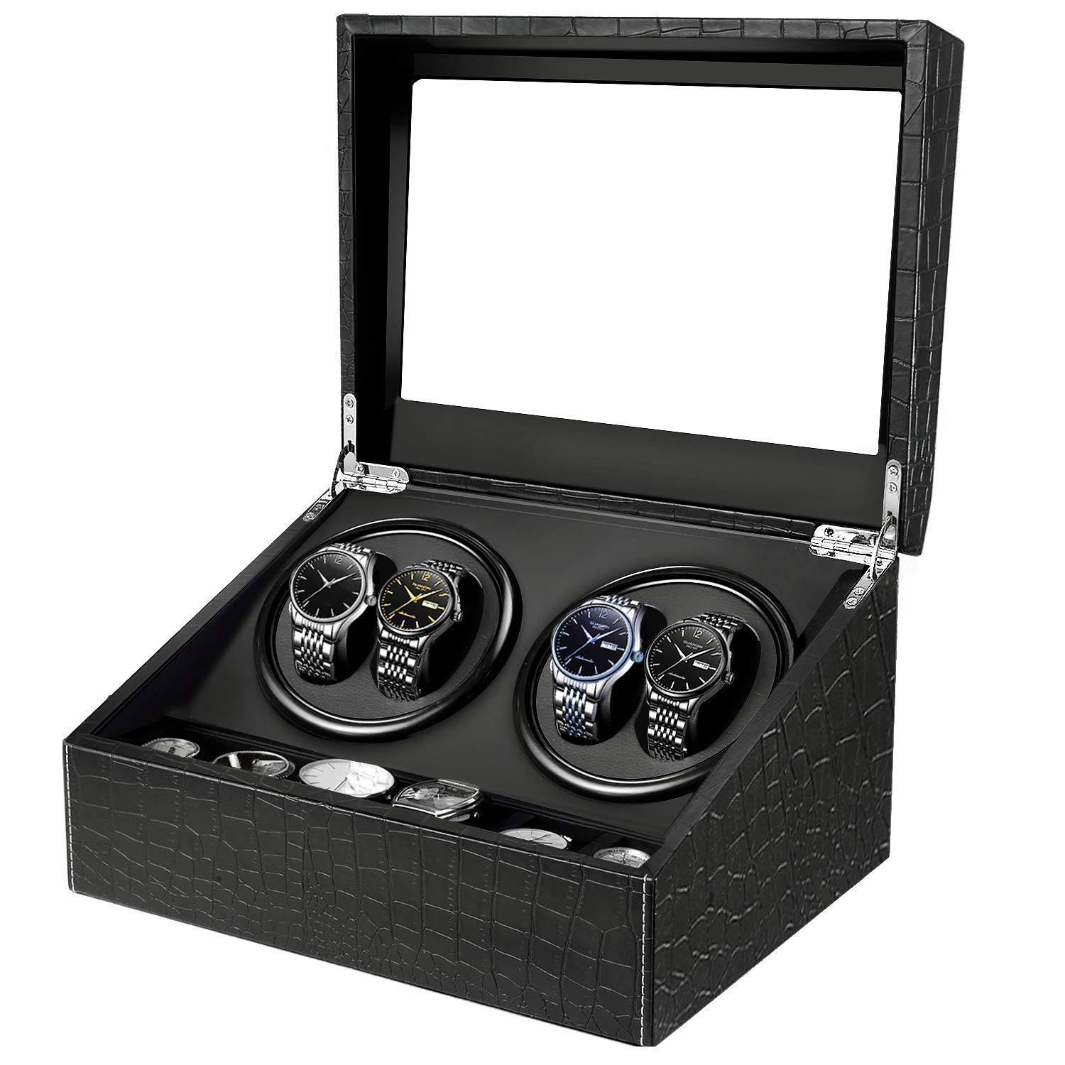 HBselect Caja Relojes Automáticos Silenciosa Giratoria (para 4+ 6 Relojes) Negro Clásico - Bobinadora Mecánica
