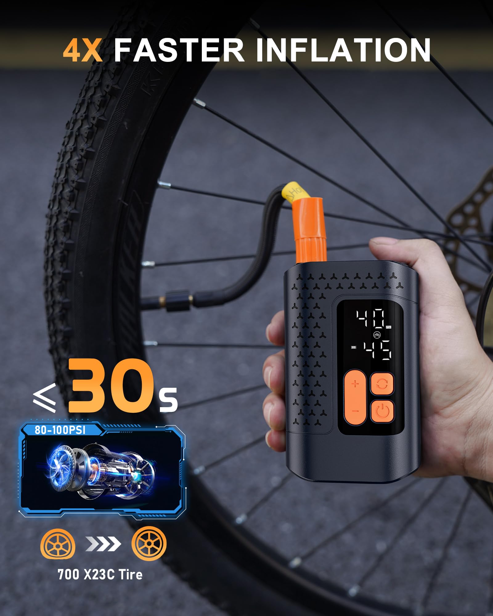 Electric Bike Pump, 160PSI Mini Bike Tire Pump, 4X Fast Bicycle Pump with Digital Pressure Gauge, Bike Air Pump for Mountain Bike, Moto, Car and Balls