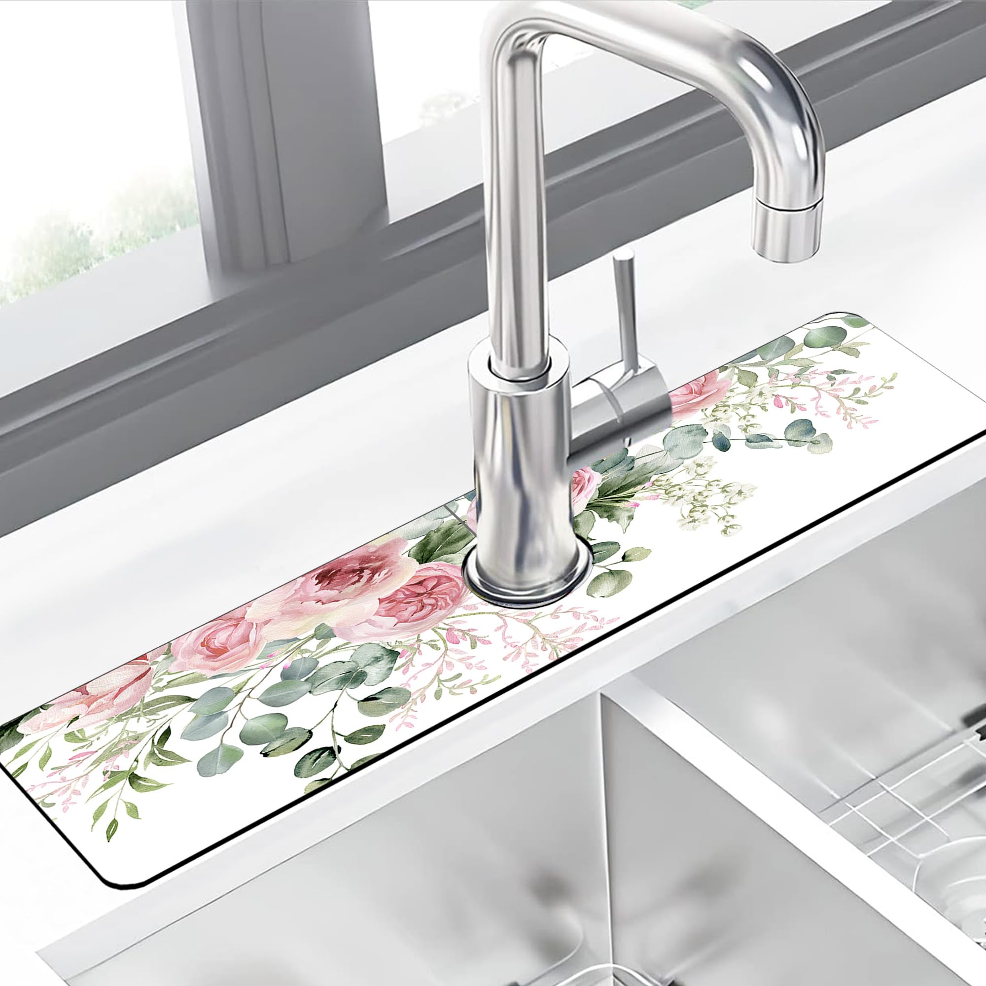 Faucet Mat for Kitchen Sink Watercolor Floral Pink Flowers Sink Splash Guard Behind Faucet Soft Diatom Mud Material Non-slip Easy to Clean for