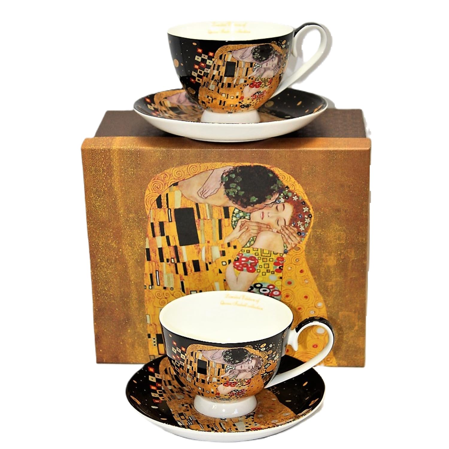 Set de 2 tasses en porcelaine Klimt The Kiss, 250 ml, porcelaine fine délicate | Boîte cadeau élégante | Motif artistique de Gustav Klimt avec boîte décorative pour les connaisseurs