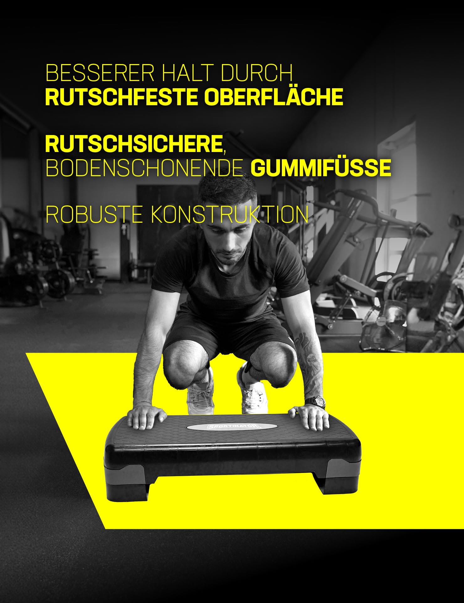 SPORTINATOR® Fitness Stepper höhenverstellbarer von 10 bis 15 cm, kompaktes Design aus Kunststoff mit Rutschfester Oberfläche. Belastbarkeit bis 250 kg