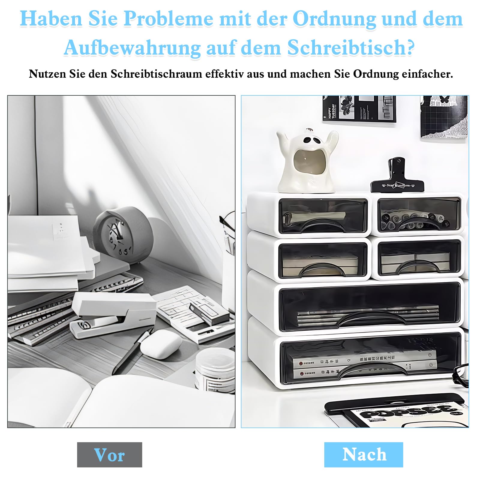 6er Set Schreibtisch Schubladenbox A4 A5 Gross, Büro Organizer mit Schubladen Stapelbar, Aufbewahrungsbox mit Schublade für Stifte, Radiergummi und Schreibwaren