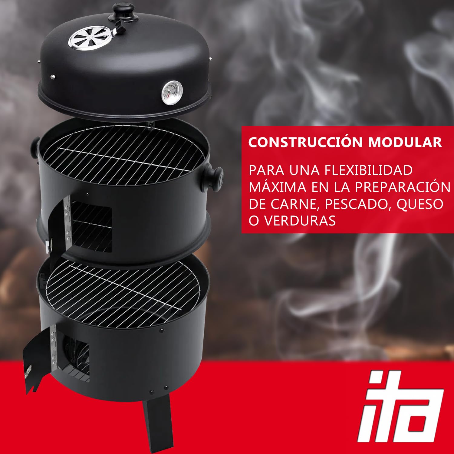 ITA Parrilla Ahumador 3 en 1 Multifuncional - Asar, Ahumar, Cocinar - Parrilla de Carbón Modular con Termómetro y Regulador de Aire en Tapa - Barril Ahumador