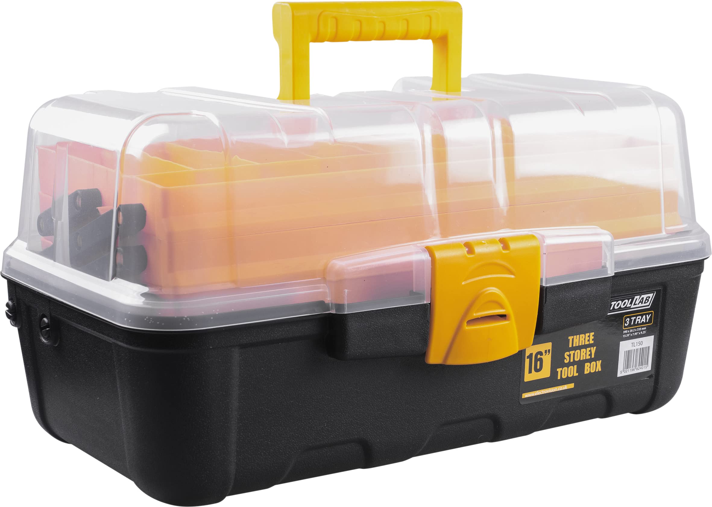 Tool Lab Transparent 16" Multi Functional Cantilever Storage Box 3 Storey Trays. Ideal For Small Tools, Fishing Tackle, Painting, Hobbyist, Crafting
