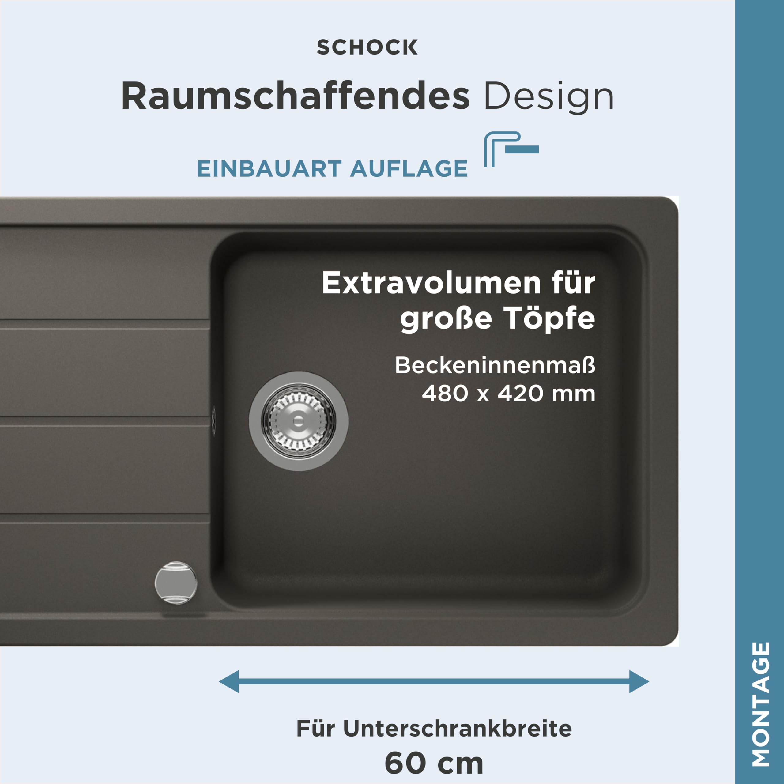 SCHOCK Granitspüle Formhaus D-100L Asphalt I Einbauspüle für 60 cm Unterschrank I Küchenspüle mit Abtropffläche I CRISTALITE Spüle hitzebeständig kratzfest I Design Spüle schwarz robust & pflegeleicht