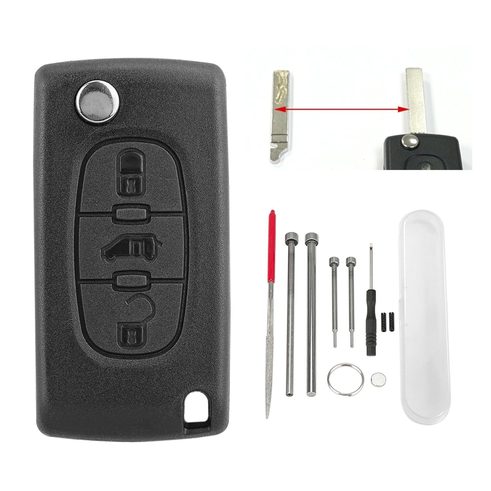 Vailikey 3 Button Flip Car Key Shell with Steel Pin Removal Tools Needle File for Citroen Berlingo Dispatch Toyota Proace Fiat Scudo Peugeot Partner Expert Van (VA2 CE0536)