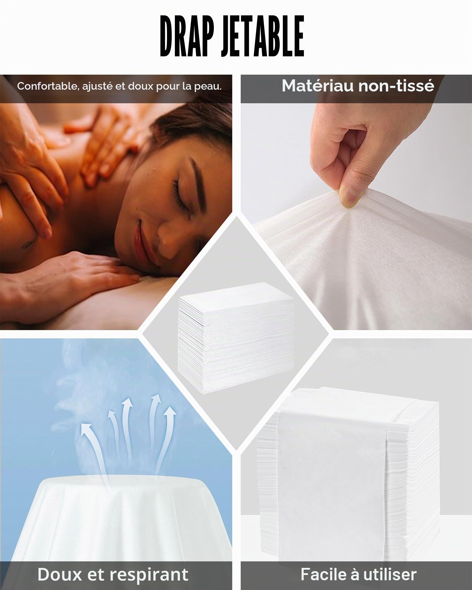 Lot de 100 Drap Jetable Blanc: 80 x 180cm Draps Jetables Tissu Non-tissé Drap Table de Massage Jetable pour Massage SPA Tatouage Lit Hôpital Voyager