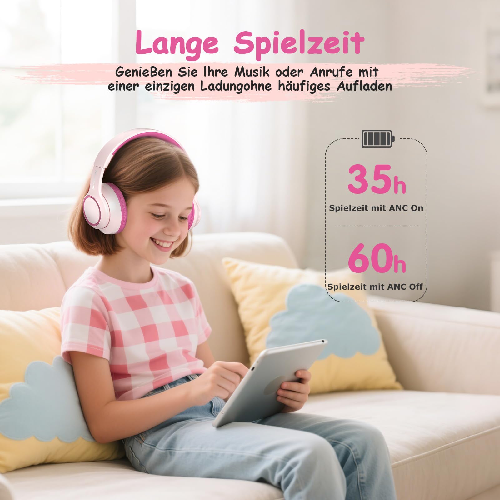 TONOSHARK Bluetooth Kopfhörer Kinder | Noise Cancelling Kinder Kopfhörer | Over-Ear Kinderkopfhörer Bluetooth Kabellos Mit Mikrofon | 60h Spielzeit (Rosa) - Für Schule/Reisen | Inkl. Tragetasche
