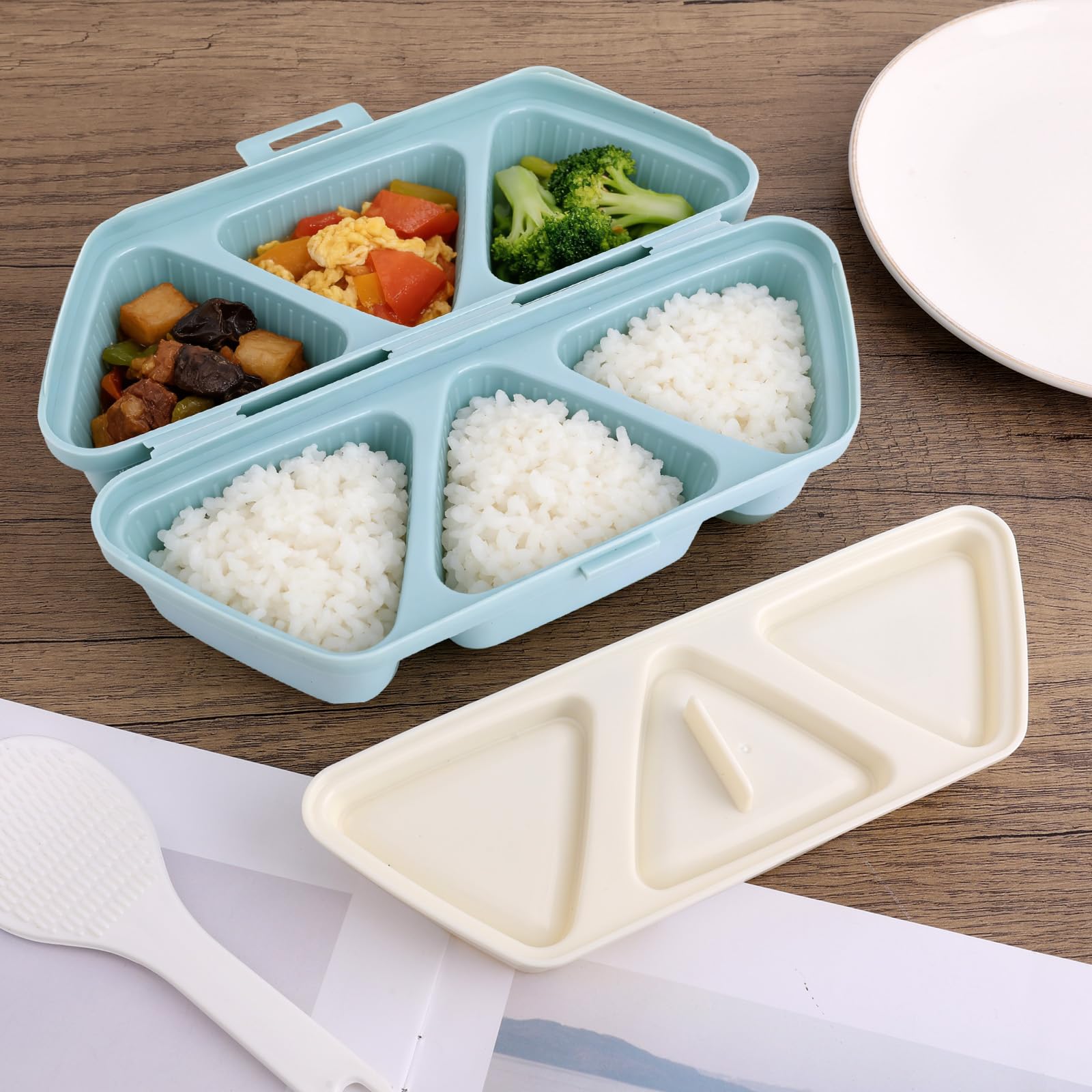 Forma do Onigiri 6 w 1, Trójkątna Forma Kulek Ryżowych Sushi Przenośna do Robienia Onigiri Pojemnik Przechowywania for Musubi z Wodorostów (Niebieski)