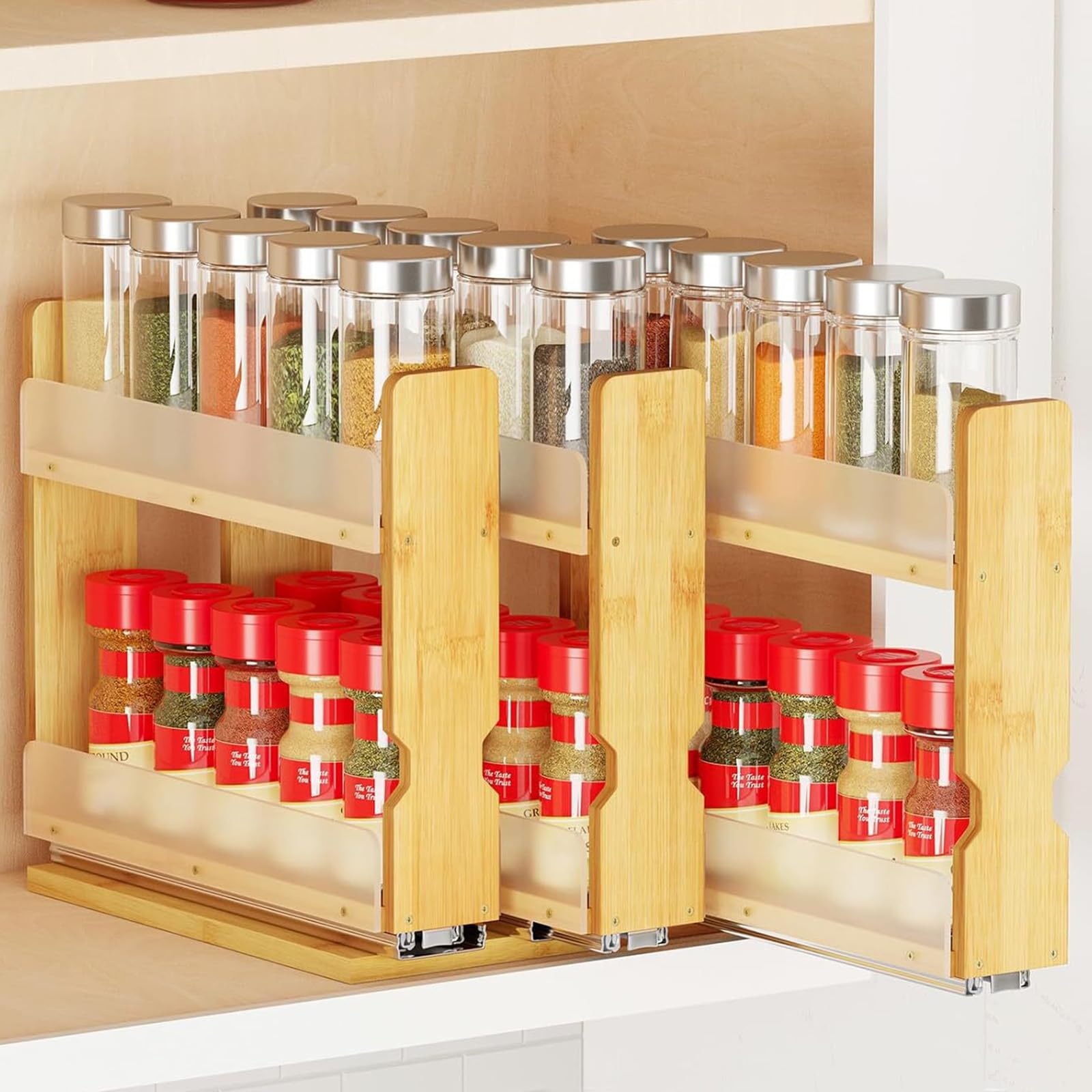 SANNAX Bamboo Pull Out Spice Rack – 3-Drawer 2-Tier Under Cupboard Organiser with Acrylic Panels, Space-Saving Storage for Kitchen & Larder, Natural Bamboo Finish, 7.6 Inches (19.3cm) Wide