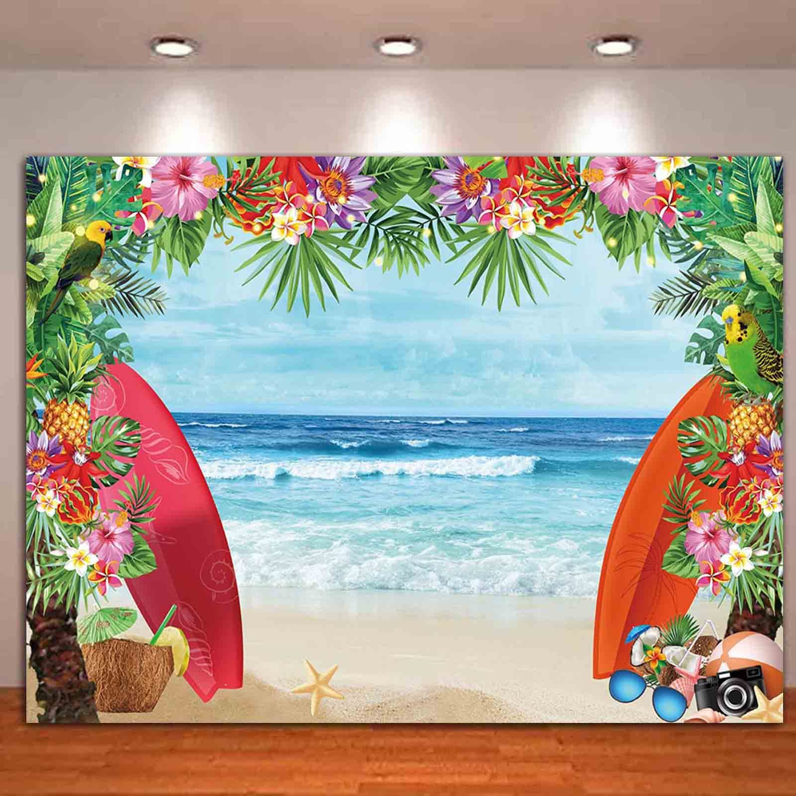 Summer Hawaiian Beach Backdrop Tropical Palm Flower Flamingo Photography Background Aloha Blue Sky Ocean Banner Luau Hawaiian Seaside Birthday Party - View #7