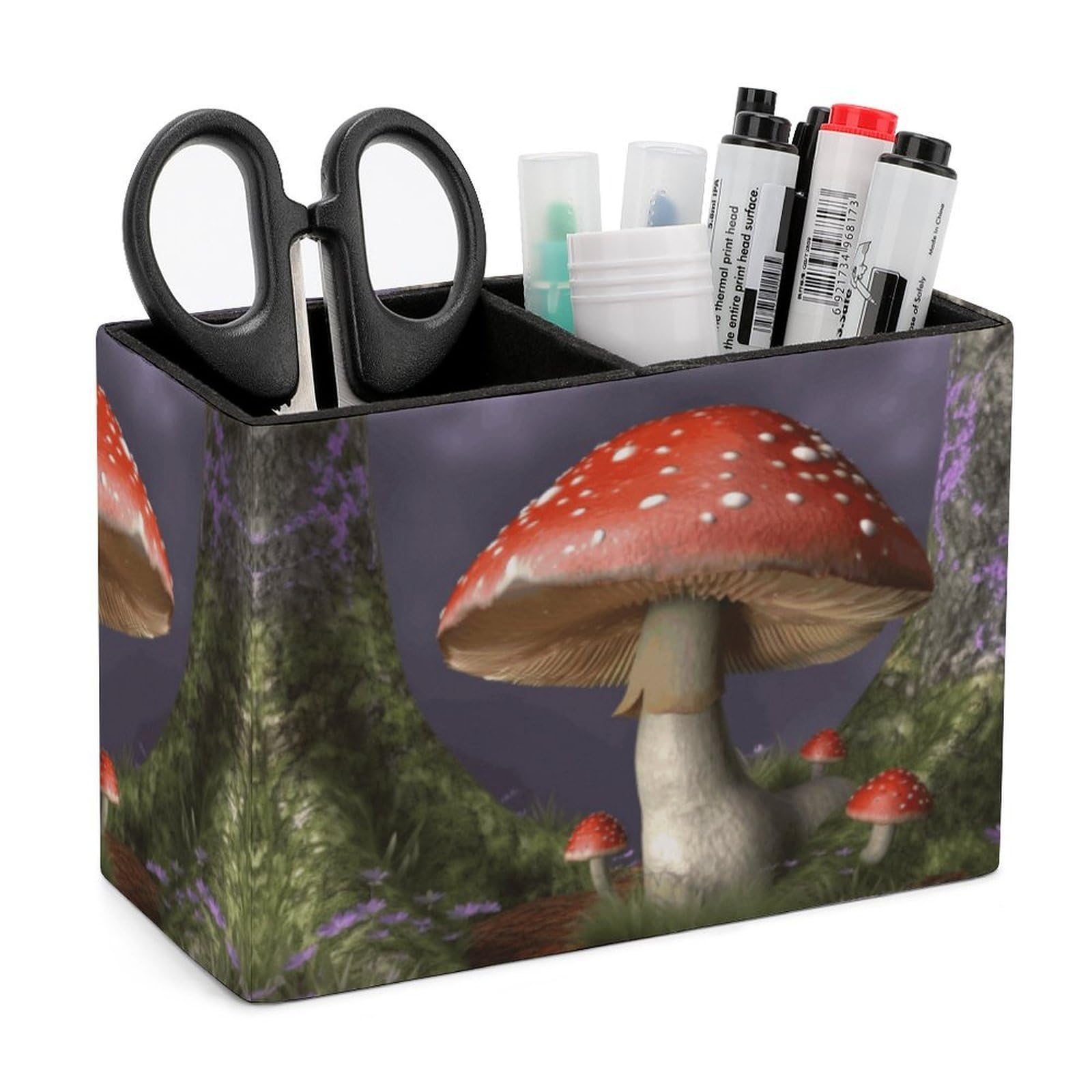 LZQPOEAS Exquisite Patterns PU Leather Pen Holder, Multifunctional Desktop Organizer Caddy with 2 Compartments, Mushroom Pencil Cup Makeup Brush Holder for Office Home