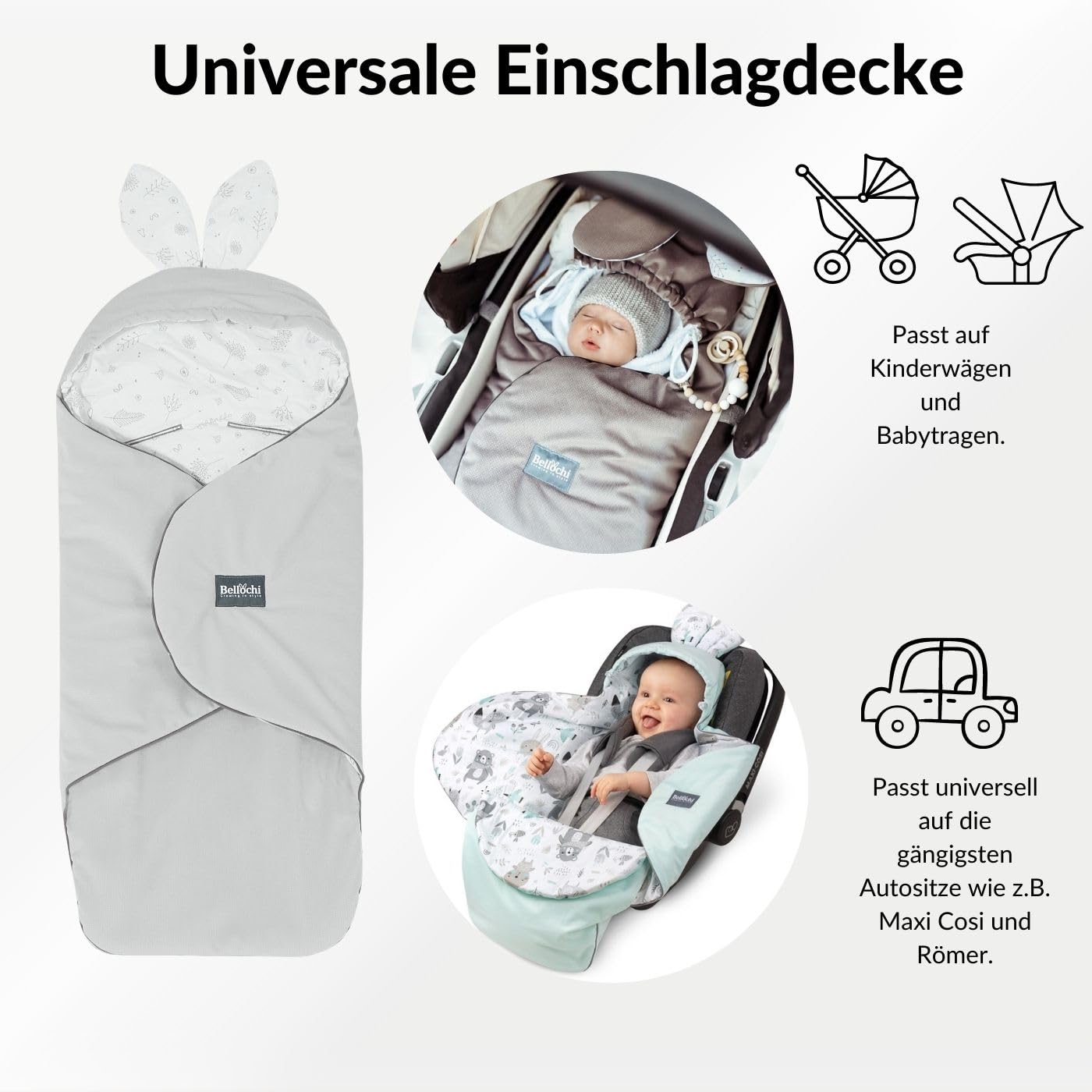 Bellochi Growing in style Premium Einschlagdecke Babyschale, Baby Erstausstattung aus Baumwolle für Autositz, Kuscheldecke für Kinderwagen mit Fußsack passend für Maxi-Cosi, Römer, Cybex - Copse