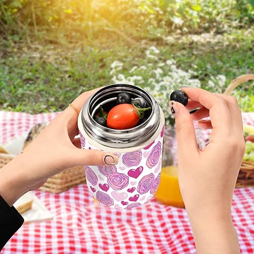 Miniatura 5 de Pink Roses Hearts on White Valentines Kids Womens Insulated Food Jar with Spoon 17oz500ml Food Jar Insulated Stainless Steel Vacuum Food Warmer Food