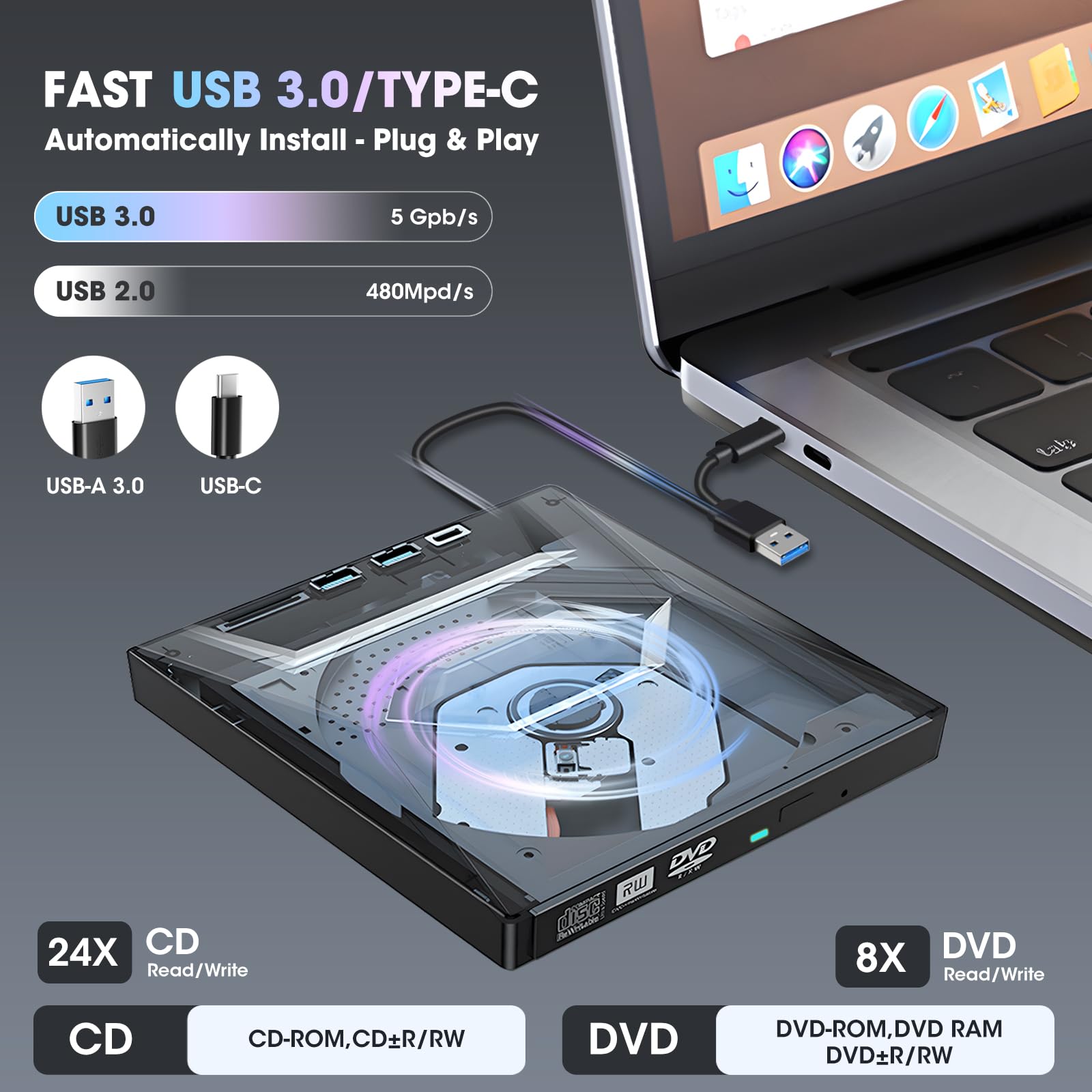 Amazon.co.jp: ROOFULL 外付けCD DVDドライブ USB 3.0 Type-Cポート +