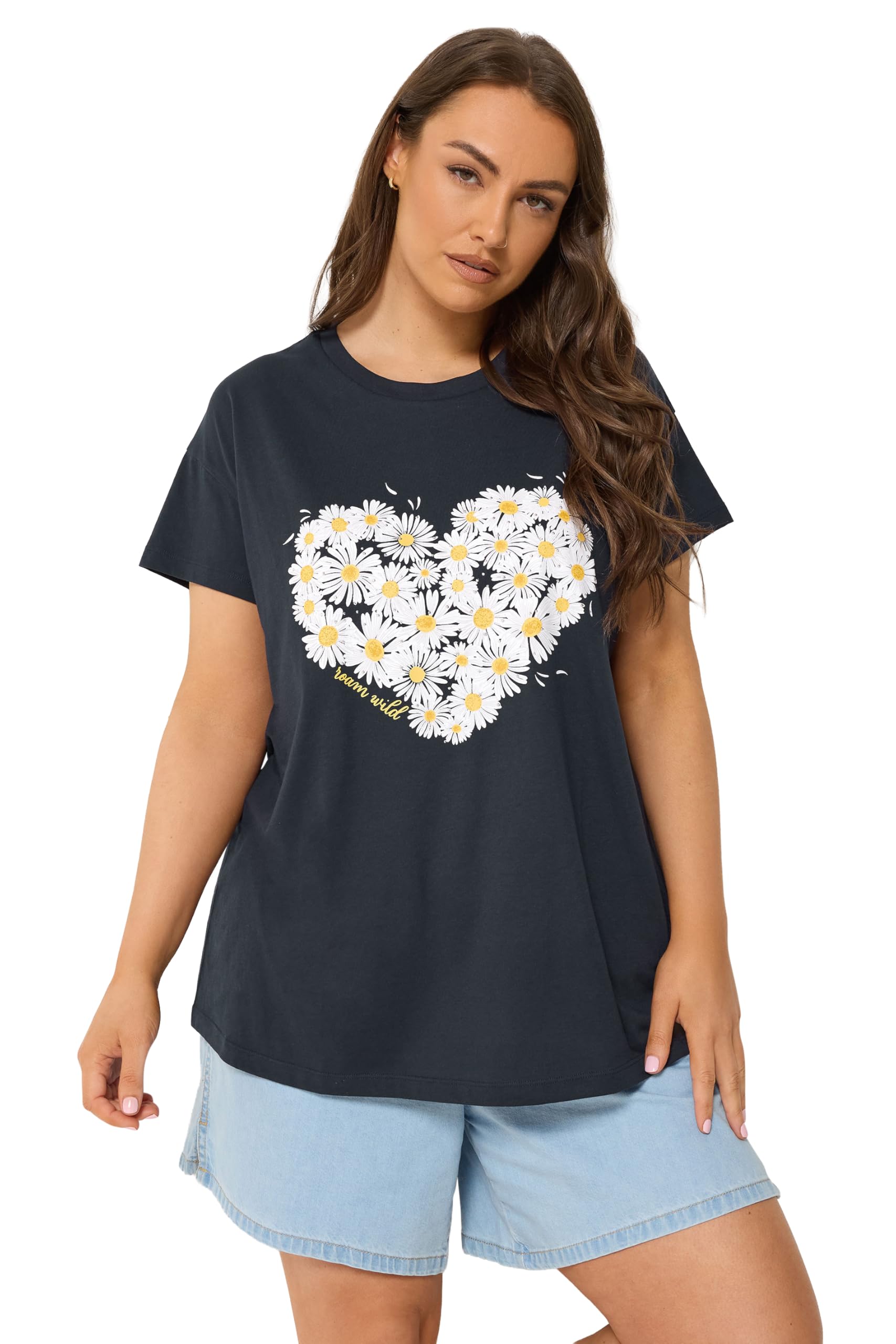 Yours Women's Daisy Heart Print T-Shirt in Dark Navy | Size: 30-32