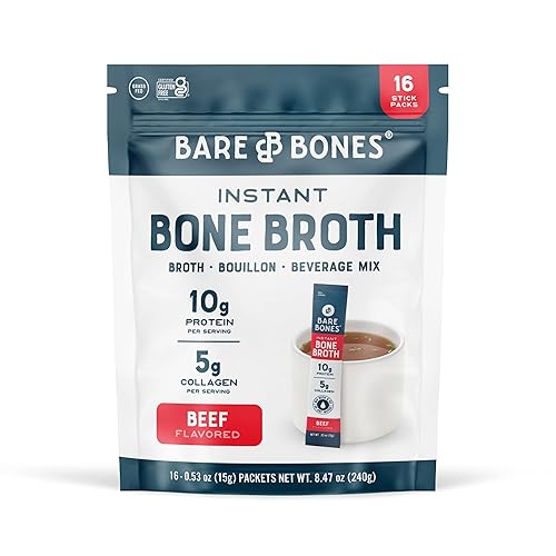 Mezcla instantánea Bare Bones de caldo de huesos, de huesos, de res, 10gr de proteína, apto para dieta Keto y Paleo, sobres en barras de 0.53oz (15